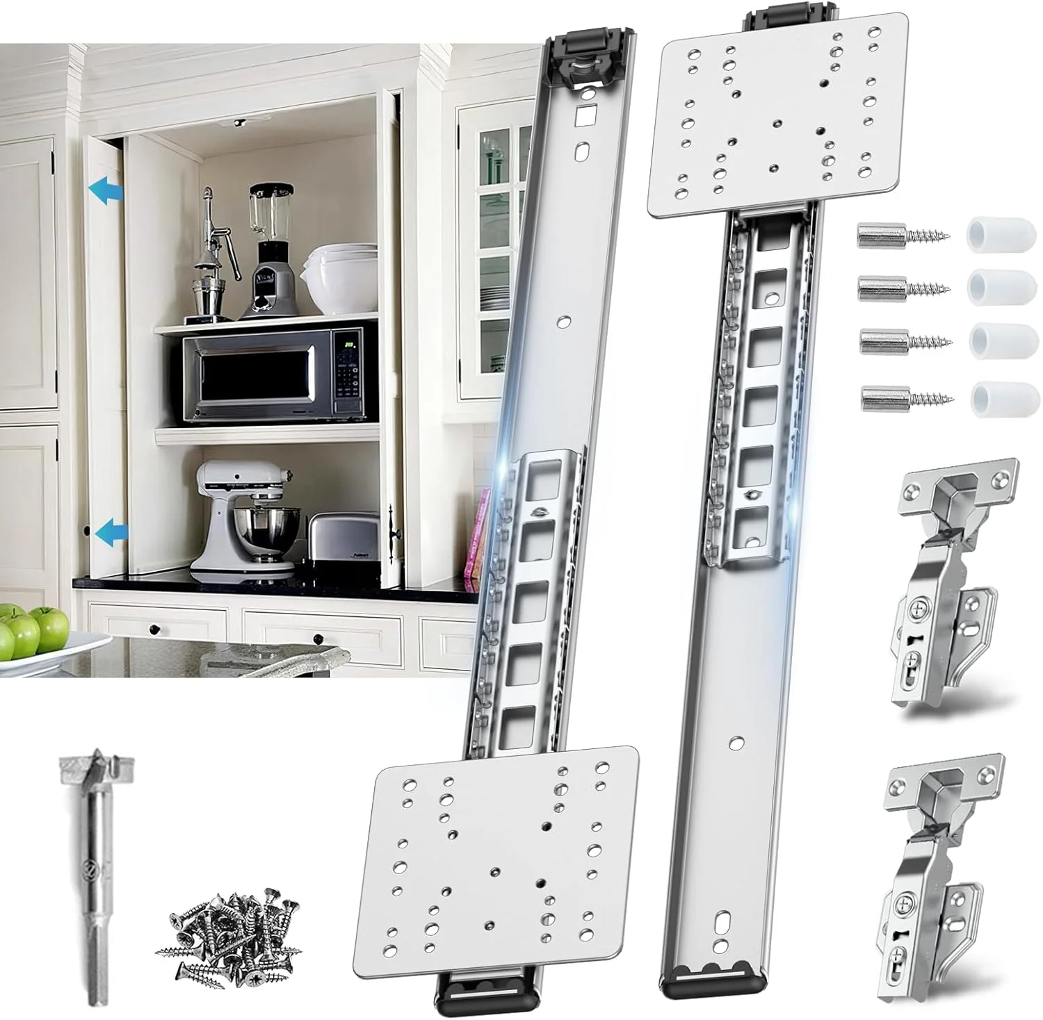 ریل درب مخفی کشویی، سخت افزار درب پاکتی، سرسره های درب پاکتی با لغزش نرم همراه با لولا برای کابینت و درهای فرورفته (18 اینچ، ست، 1 عدد)