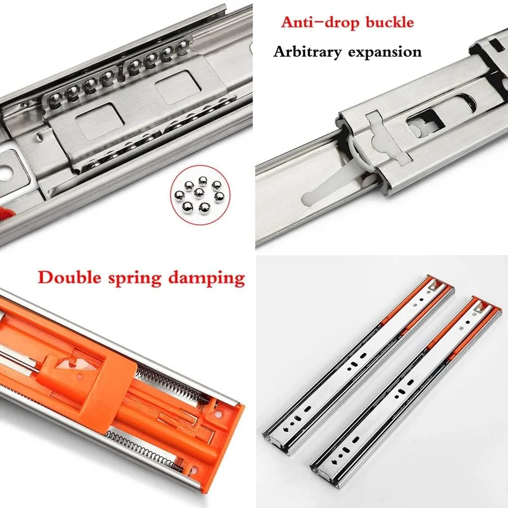 ریل کشو استیل ضد زنگ با مکانیزم آرام بند در اندازه های 25، 30، 35، 40، 45، 50، 55 و 60 سانتی متر، یک جفت ریل بلبرینگ برای کابینت، باز شدن کامل، ظرفیت 45 کیلوگرم، رنگی