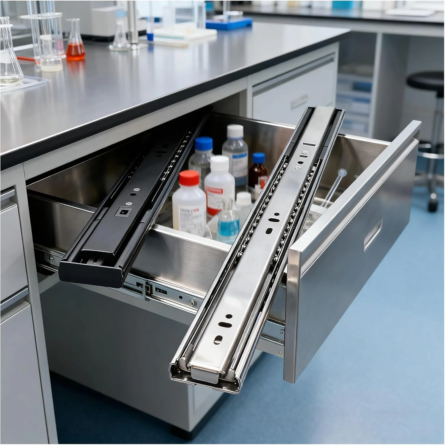 یک جفت ریل کشو استیل 304 با حرکت کامل، نصب جانبی، راهنمای ریلی، مقاوم (دارای میرایی—همراه با پیچ)(طبیعی، 60 سانتی متر)