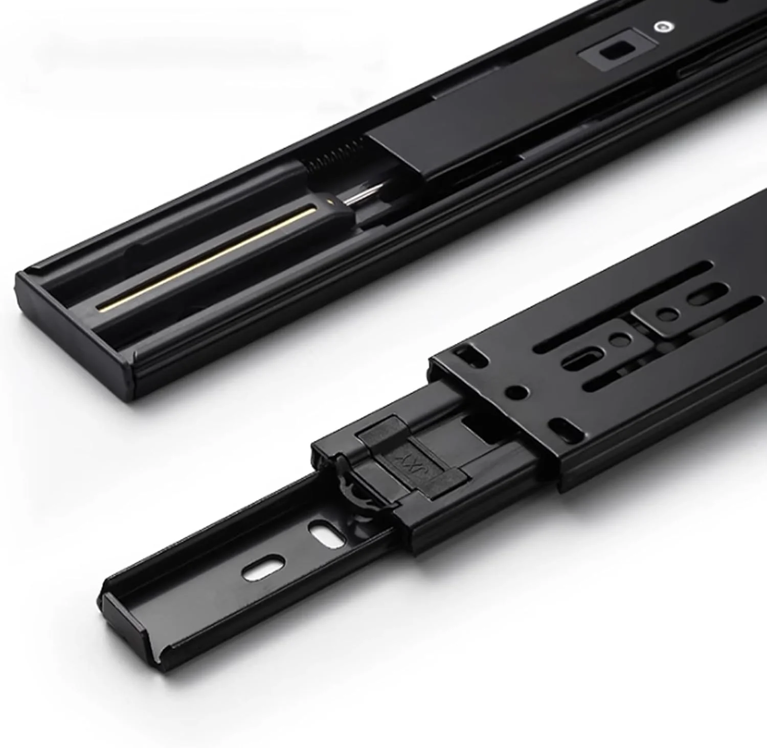 دو عدد ریل کشو استیل 304 با حرکت کامل، نصب جانبی، ریل های مشکی بلبرینگ 30 تا 100 سانتی متری (دارای میرایی، همراه با پیچ) (45 سانتی متر)