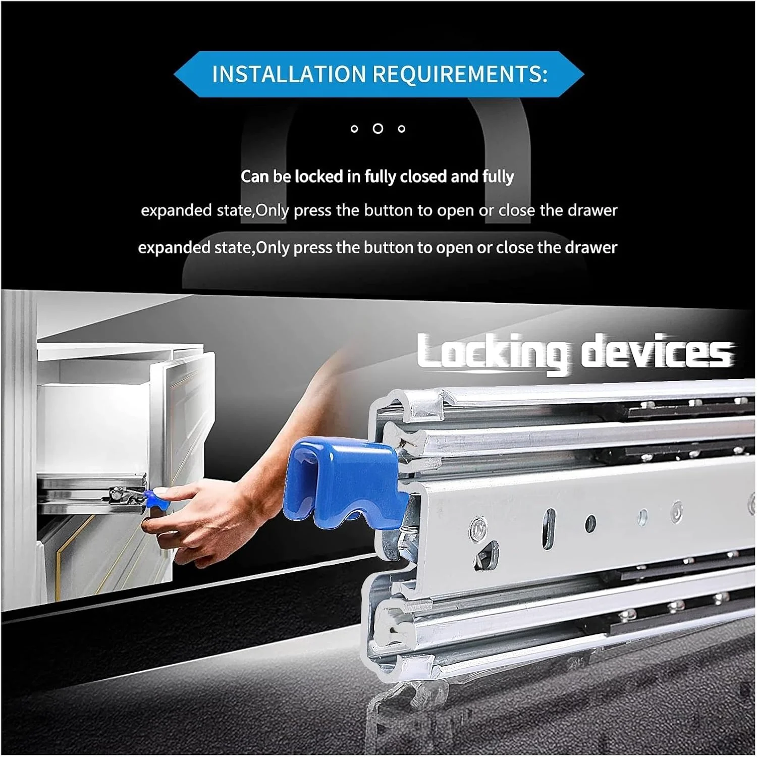 ریل کشویی قفل دار 500 پوندی، ریل کشویی سنگین، بلبرینگ، بازشوندگی کامل، راهنمای 3 لایه (بدون قفل 40 اینچ (1000 میلی متر))