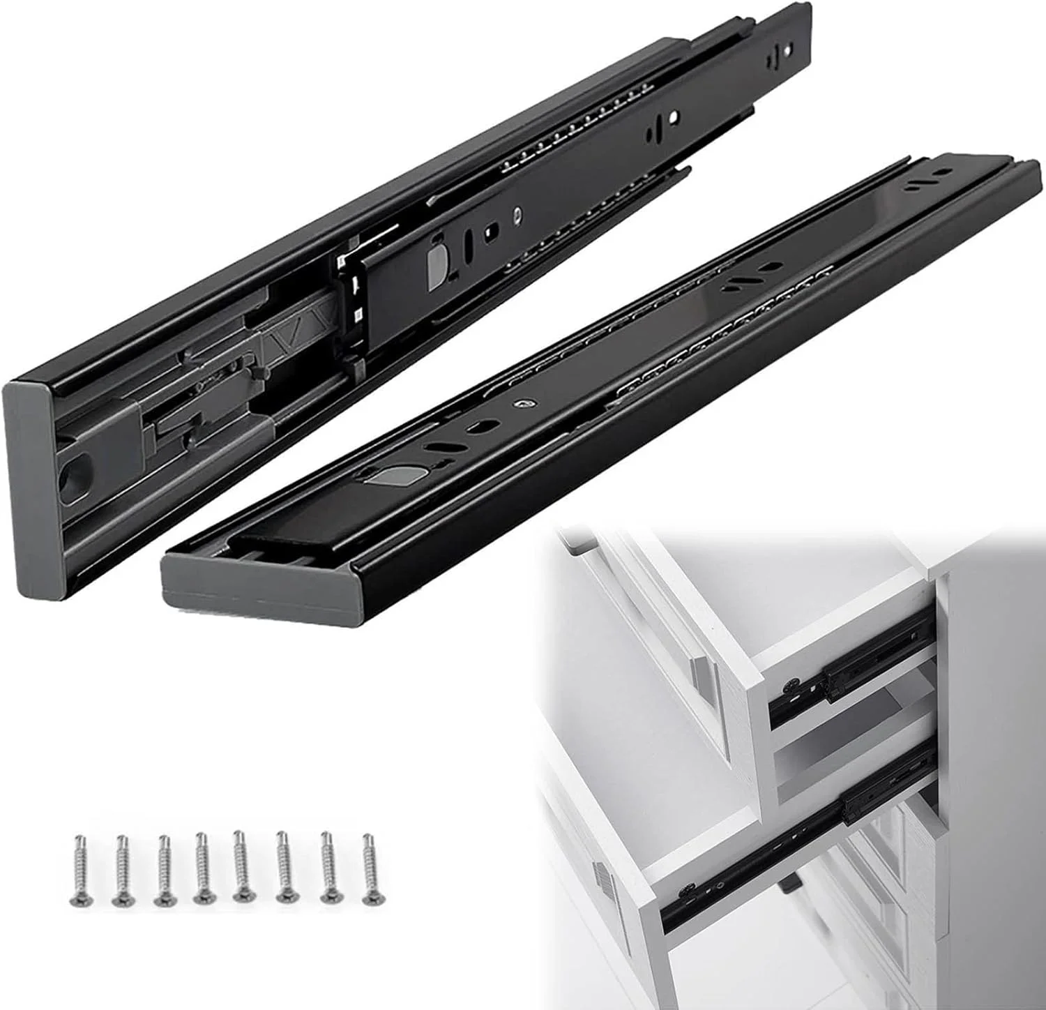 ریل کشویی سه تکه آرام بند، 250mm 300mm 350mm 400mm 450mm 500mm 550mm، ریل های بلبرینگ دار با نصب جانبی و باز شدن کامل، 1 جفت، رنگی