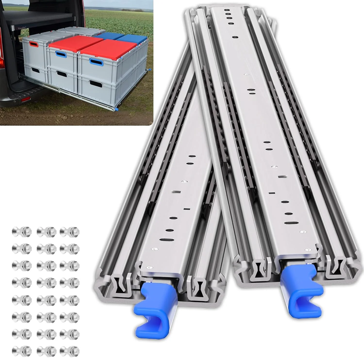 ریل کشویی قفل دار SLIDEWAY با ظرفیت 227 کیلوگرم، مقاوم و ارتقا یافته، عرض 76 میلی متر، یک جفت در اندازه های 40، 45، 50، 55، 65، 75، 100 سانتی متر، بلبرینگ دار با باز شدن کامل، مناسب برای کابینت، ریل و مسیرهای کشویی RV (قفل عرض 53 میلی متر) - 75 سانتی متر