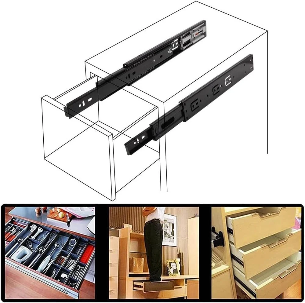 ریل کشویی سه تکه آرام بند، 250mm 300mm 350mm 400mm 450mm 500mm 550mm، ریل های بلبرینگ دار با نصب جانبی و باز شدن کامل، 1 جفت، رنگی