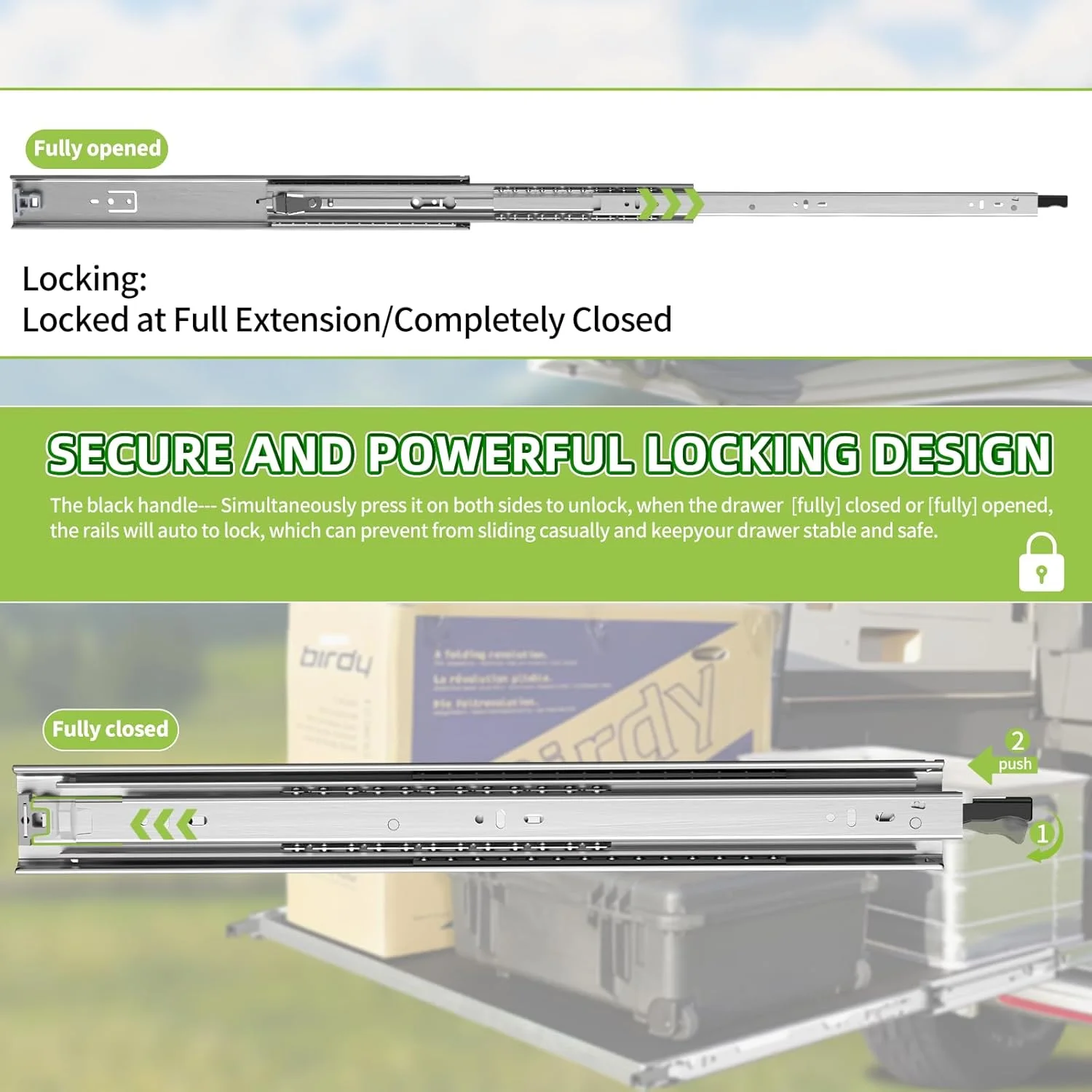 ریل کشویی قفل‌دار سنگین SLIDEWAY، یک جفت، سایزهای 30، 35، 40، 45، 50، 55، 60، 80، 100 سانتی‌متر، تحمل وزن 70 کیلوگرم، بلبرینگ دار با باز شدن کامل، مناسب کابینت، ریل، جعبه ابزار، لغزنده