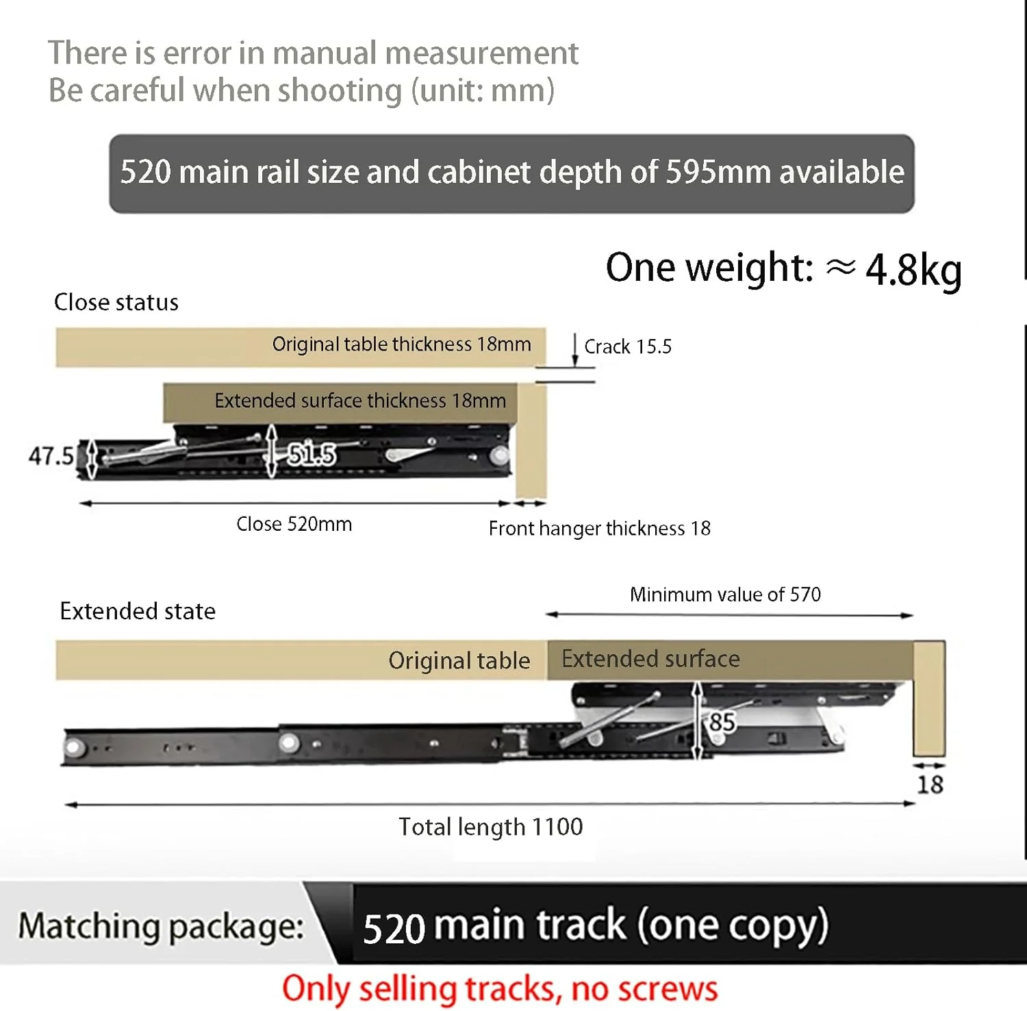 یک جفت ریل کشو سنگین (ریل مخفی 25-52 سانتی متر)، نصب جانبی با قابلیت افزایش طول + ظرفیت باربری بالا: 45 کیلوگرم + بی صدا و روان، برای انواع کشوها، 52 میلی متر