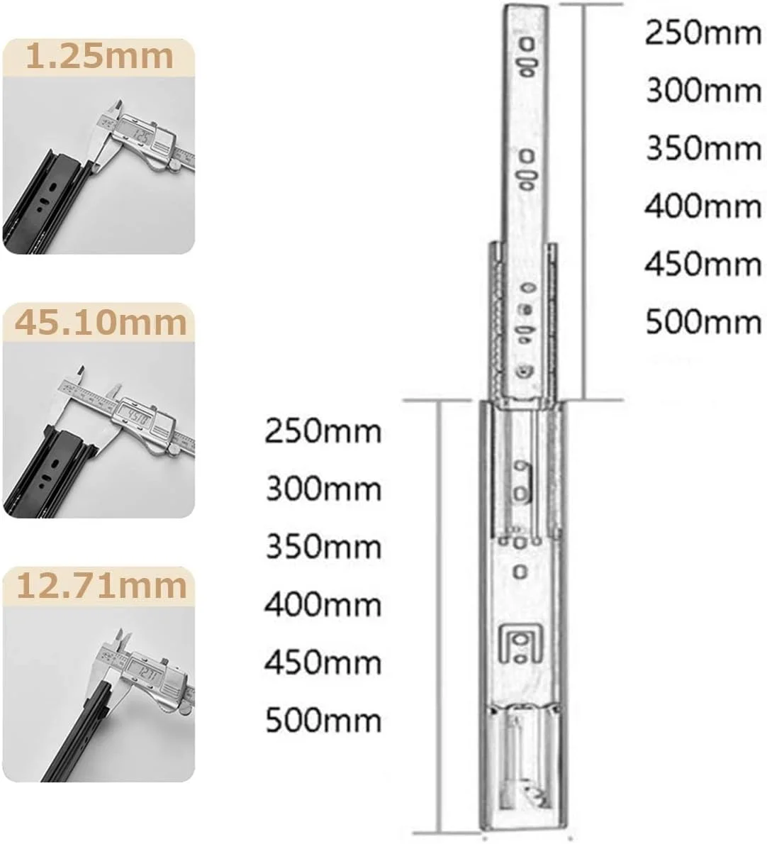 ریل کشویی سه تکه آرام بند، 250mm 300mm 350mm 400mm 450mm 500mm 550mm، ریل های بلبرینگ دار با نصب جانبی و باز شدن کامل، 1 جفت، رنگی