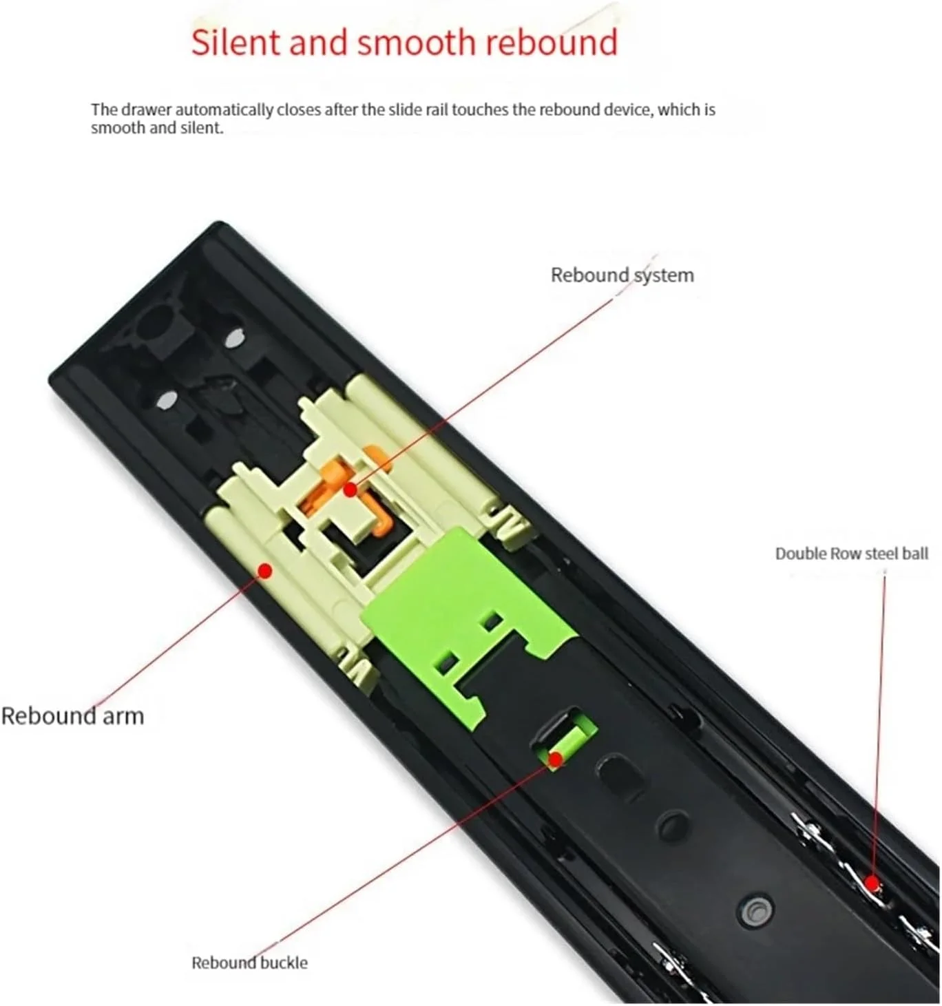 ریل کشویی سه تکه خودکششی با توپ فولادی، مناسب برای کمد، میز چای و کشو (45 سانتی متر خودکششی)