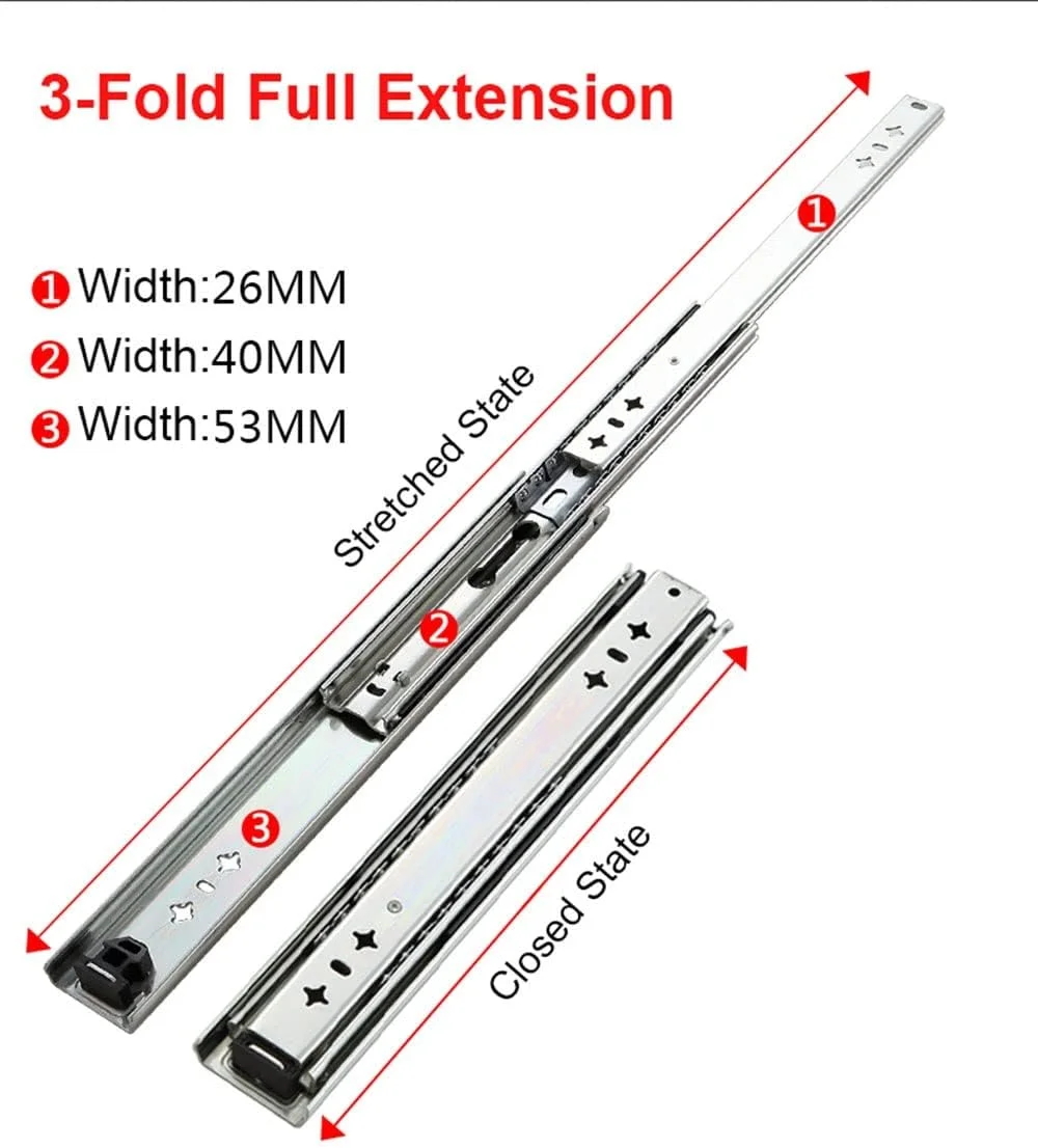 ریل کشویی سه قسمتی با قابلیت باز شدن کامل، ریل های کشویی فولادی سنگین، راهنمای مسیر ریلی فلزی بلبرینگ دار، برای کابینت ها، کابینت ابزار و تجهیزات بزرگ، 1 جفت (یک رنگ 80 سانتی متر)
