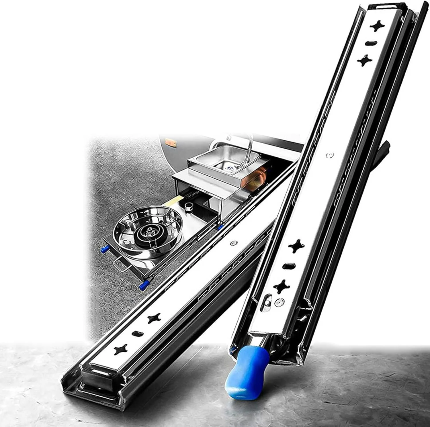 ریل کشویی سه تکه با باز شدن کامل و قفل، ریل های تلسکوپی سنگین، بلبرینگ نصب جانبی، ظرفیت بار 120 کیلوگرم (یک جفت) (چند رنگ)