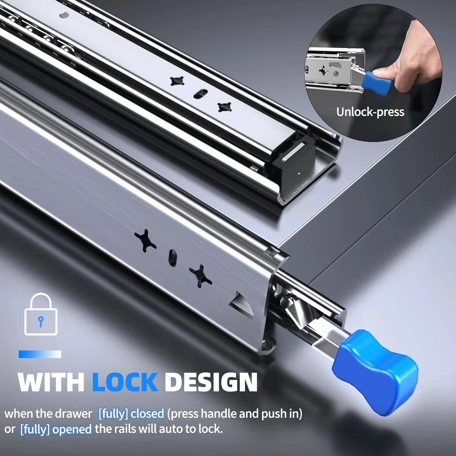 ریل کشویی قفل دار سنگین SLIDEWAY با ظرفیت 260 پوند، یک جفت در اندازه های 12، 14، 16، 18، 20، 24، 26، 30، 32 و 40 اینچ، بلبرینگ دار با حرکت کامل، مناسب برای کابینت، ریل، جعبه ابزار و RV (عرض 53 میلی متر با قفل) - 20 اینچ