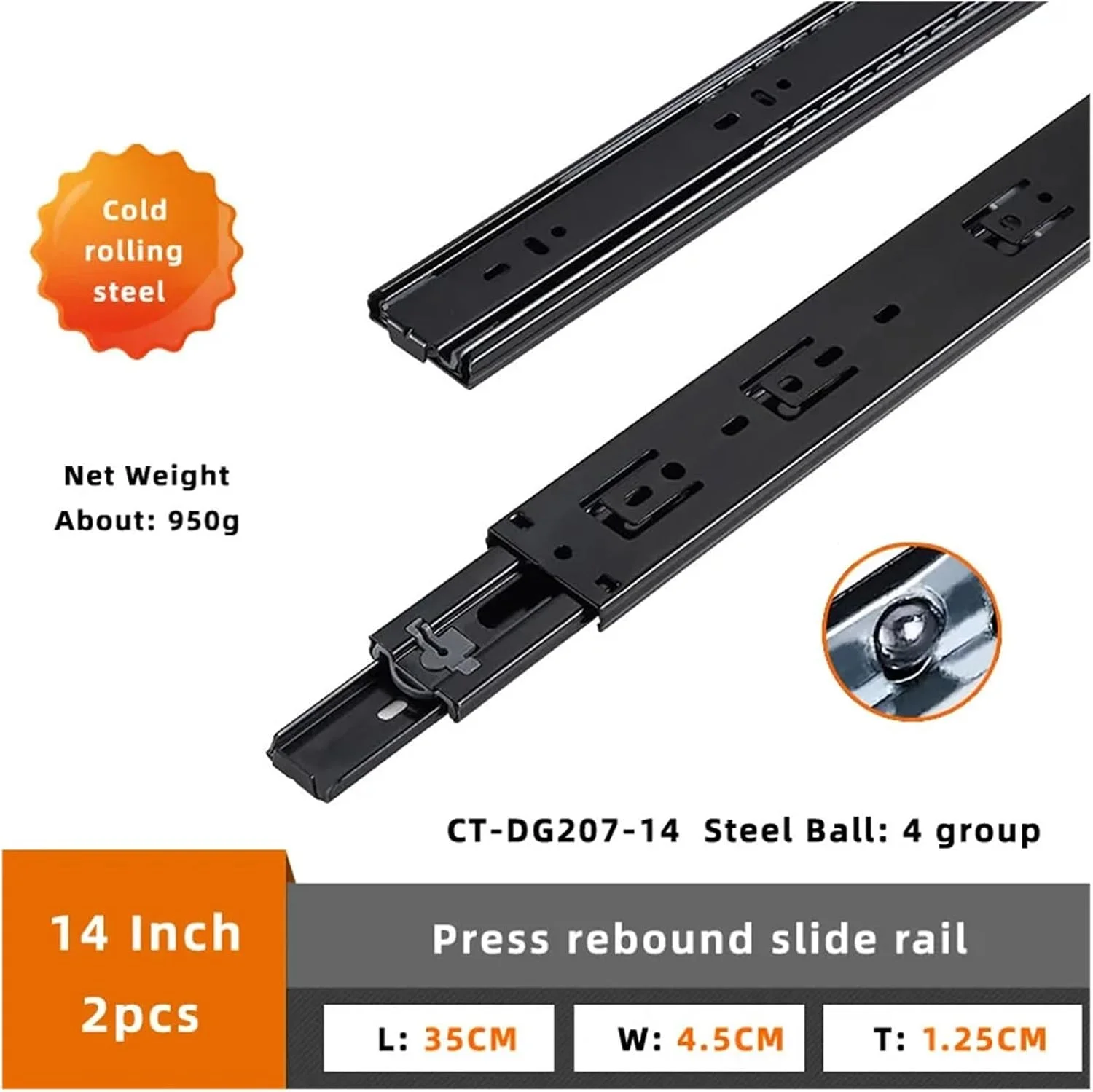 ریل کشویی سه تکه، ریل اسلاید سه طرفه، کشوهای فشاری برگشتی، مسیر کشویی، فولاد ضد زنگ یا فولاد نورد سرد (Dg207 14 اینچ)