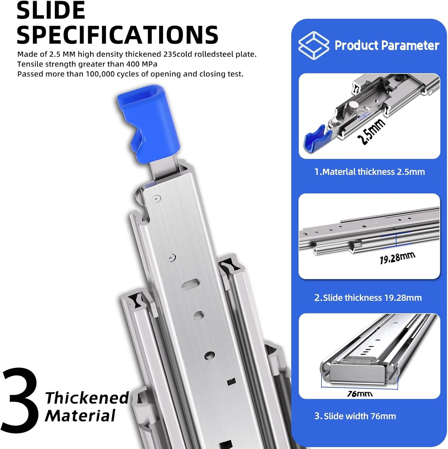 ریل کشویی قفل دار SLIDEWAY با ظرفیت 227 کیلوگرم، مقاوم و ارتقا یافته، عرض 76 میلی متر، یک جفت در اندازه های 40، 45، 50، 55، 65، 75، 100 سانتی متر، بلبرینگ دار با باز شدن کامل، مناسب برای کابینت، ریل و مسیرهای کشویی RV (قفل عرض 53 میلی متر) - 75 سانتی متر