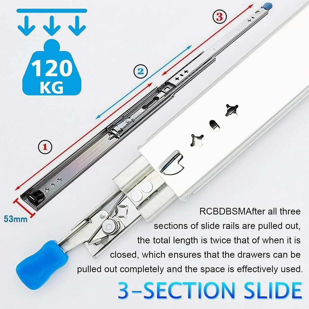 ریل کشویی سه تکه با باز شدن کامل و قفل، ریل های تلسکوپی سنگین، بلبرینگ نصب جانبی، ظرفیت بار 120 کیلوگرم (یک جفت) (چند رنگ)