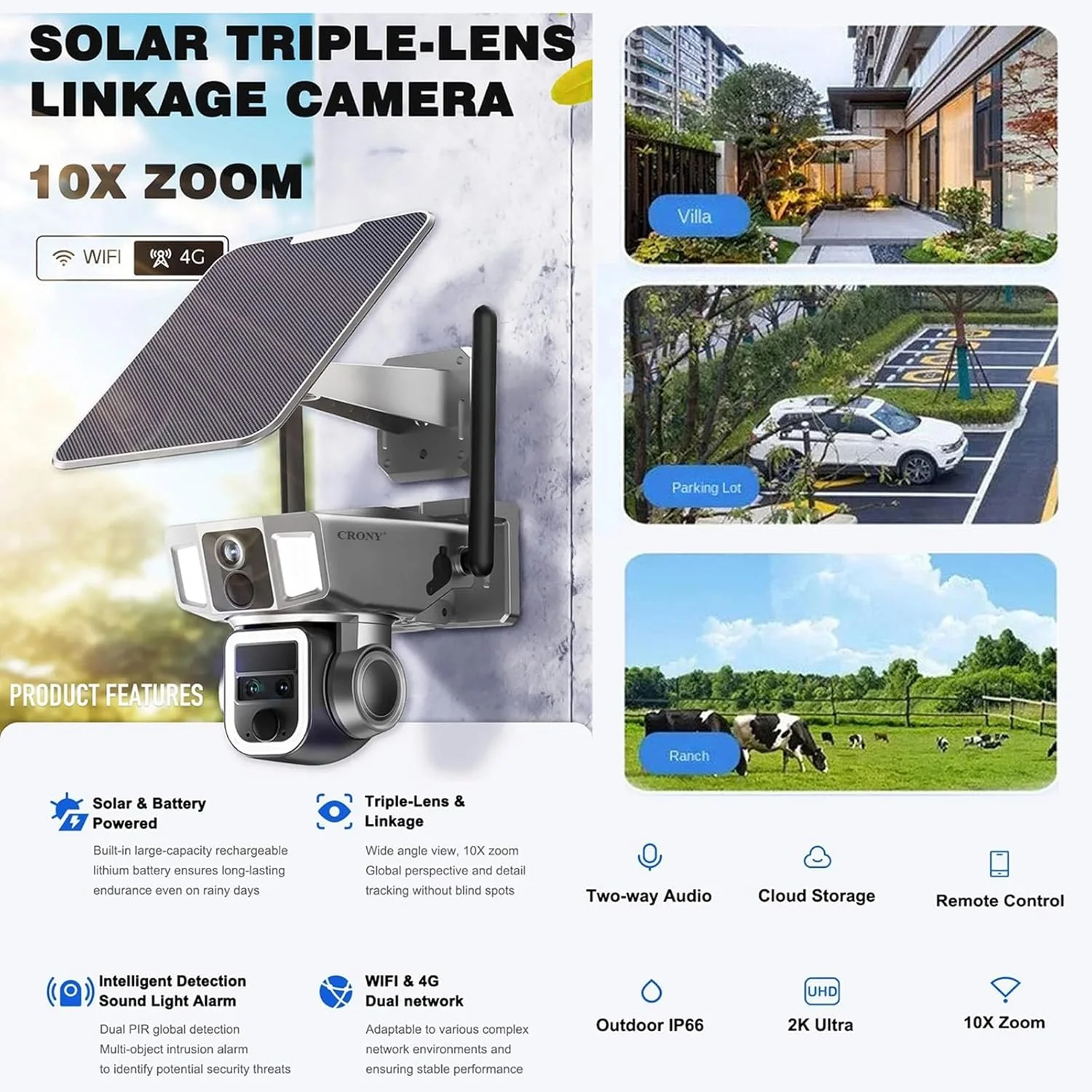 دوربین امنیتی خورشیدی خانگی CRONY - دید در شب 4K با لنز سه گانه زوم 10X، اتصال 4G/Wi-Fi، چرخش 355 درجه PTZ ضد آب IP66، صدای دو طرفه، فضای ذخیره سازی ابری برای خانه، کودک، مزرعه، پارکینگ، فضای باز، ساخت و ساز دوربین امنیتی خورشیدی خانگی CRONY - دید در شب 4K با لنز سه گانه زوم 10X، اتصال 4G/Wi-Fi، چرخش 355 درجه PTZ ضد آب IP66، صدای دو طرفه، فضای ذخیره سازی ابری برای خانه، کودک، مزرعه، پارکینگ، فضای باز، ساخت و ساز