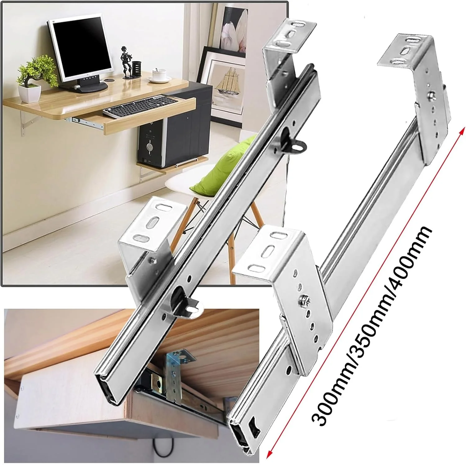 ریل کشویی کشو با بلبرینگ، یک جفت، تحمل وزن 50 کیلوگرم، طول 400 میلی متر، ایده آل برای سینی کیبورد زیر میز، نقره ای 350 میلی متر