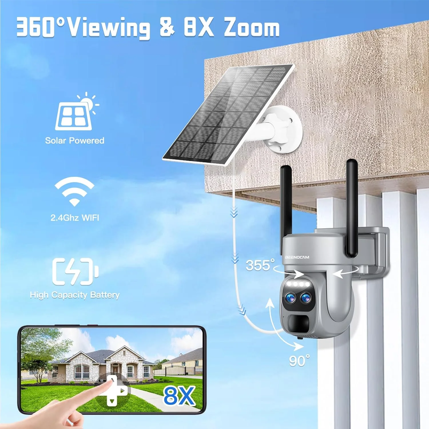 دوربین های امنیتی خورشیدی بی سیم 4K/8MP BEENOCAM، دوربین خورشیدی دو لنز 360 درجه PTZ بی سیم برای امنیت خانه با فرکانس 2.4/5 گیگاهرتز، سنسور PIR، دید در شب رنگی، صدای دو طرفه، الکسا دوربین های امنیتی خورشیدی بی سیم 4K/8MP BEENOCAM، دوربین خورشیدی دو لنز 360 درجه PTZ بی سیم برای امنیت خانه با فرکانس 2.4/5 گیگاهرتز، سنسور PIR، دید در شب رنگی، صدای دو طرفه، الکسا