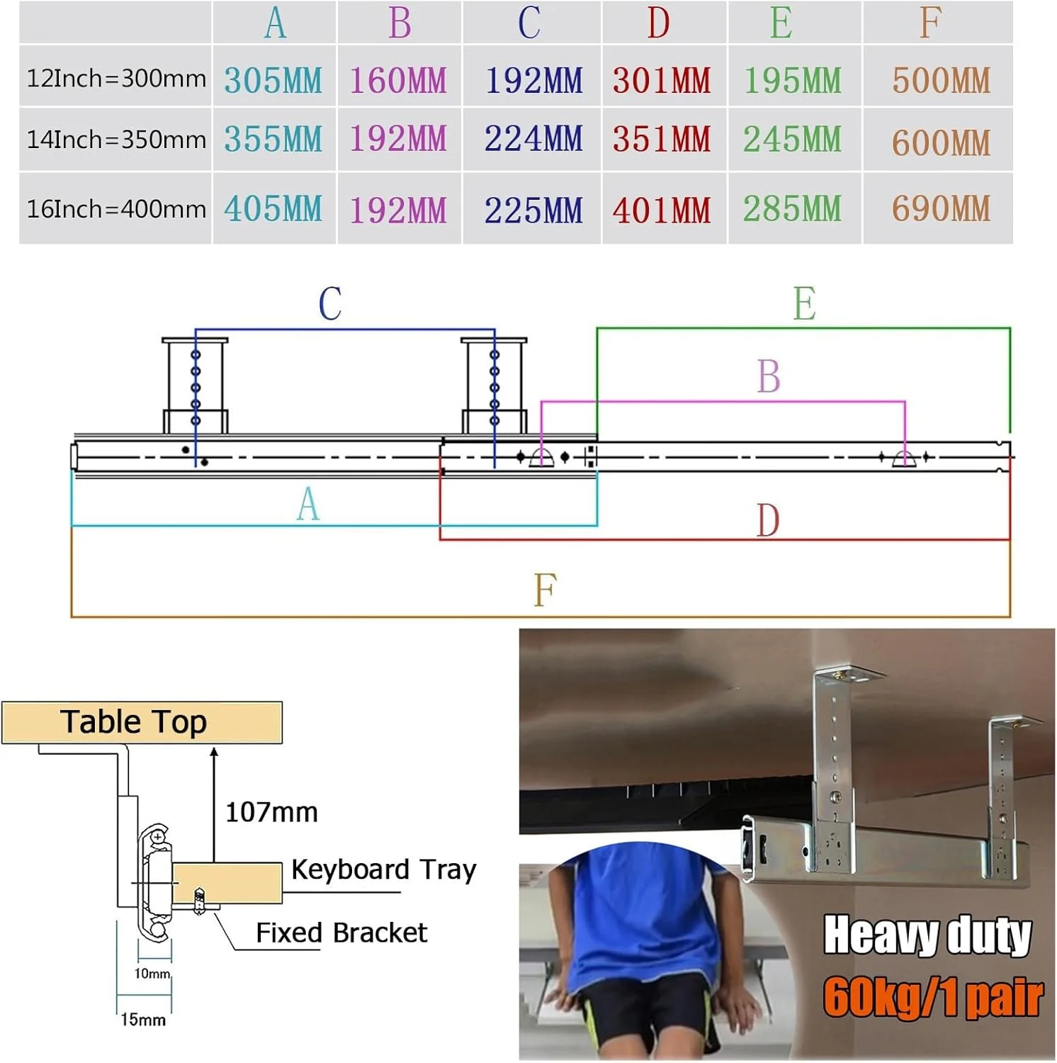 ریل کشویی کشو با بلبرینگ، یک جفت، تحمل وزن 50 کیلوگرم، طول 400 میلی متر، ایده آل برای سینی کیبورد زیر میز، نقره ای 350 میلی متر