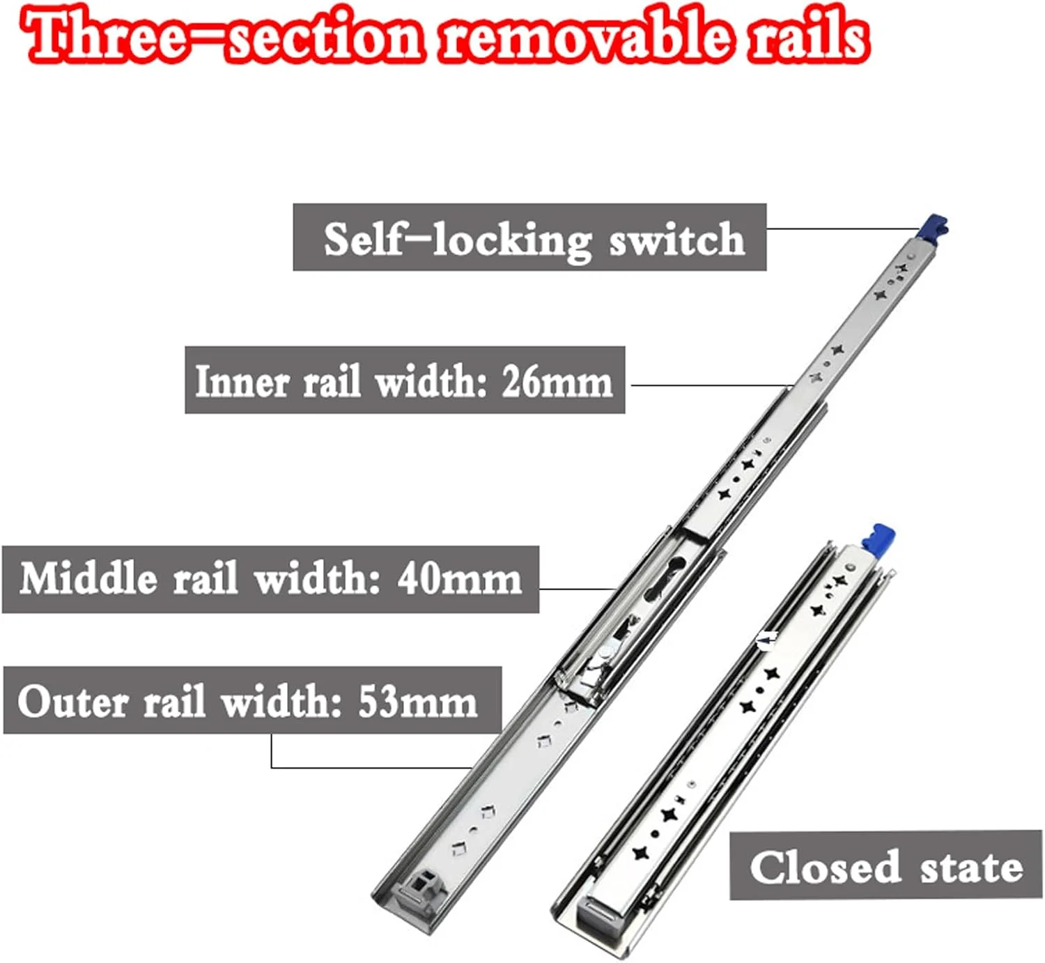 ریل کشو سنگین با قفل، ریل افزایش طول میز، ریل افزایش طول کامل میز، آرام بند مخفی، نصب جانبی، برای میز تحریر، میز کار، میز ناهارخوری (یک جفت)