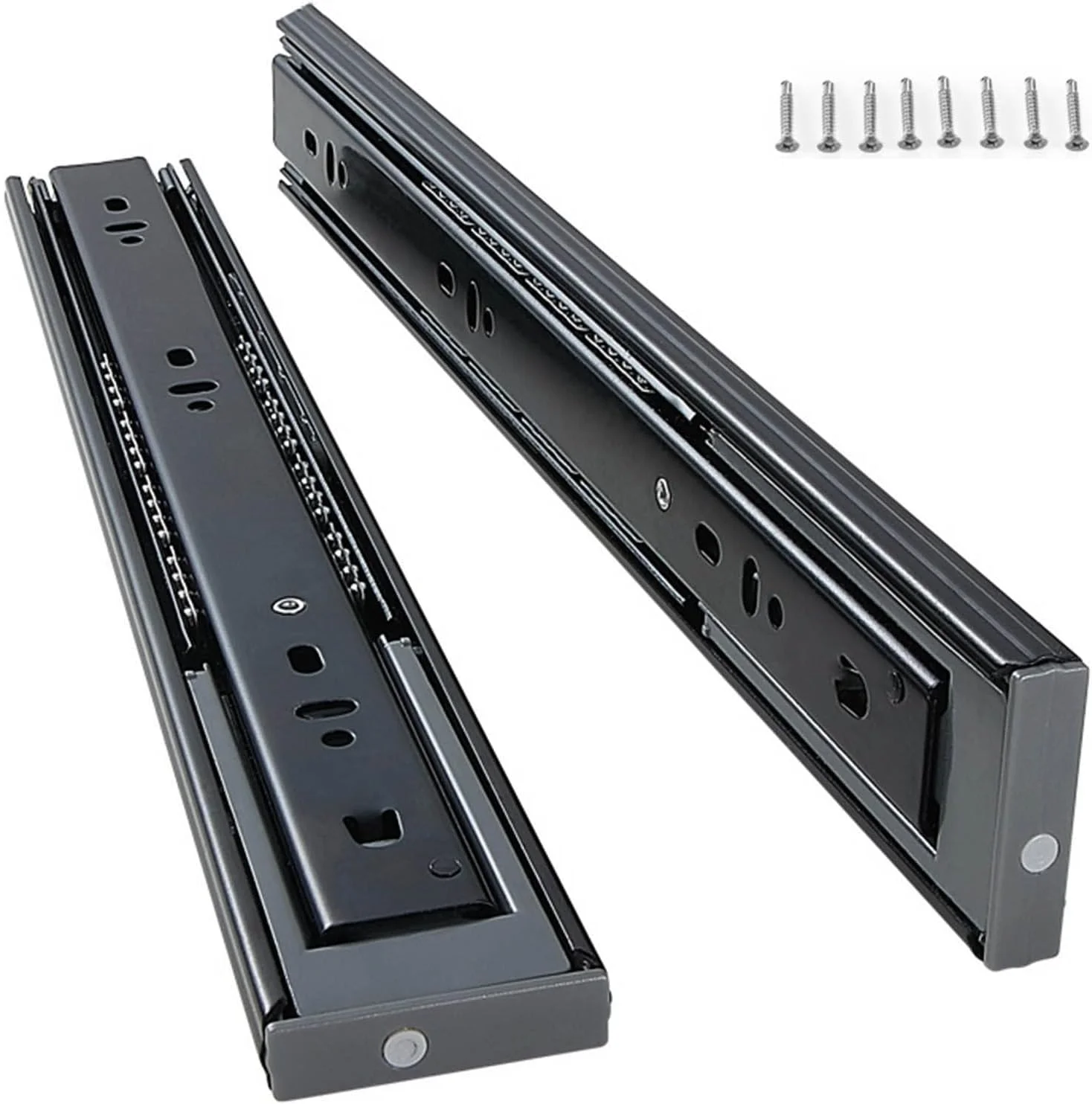 ریل کشویی سه تیکه ریباند، بلبرینگ دار، مناسب کشو کابینت، مشکی، مقاوم، ظرفیت بار 45 کیلوگرم، یک جفت