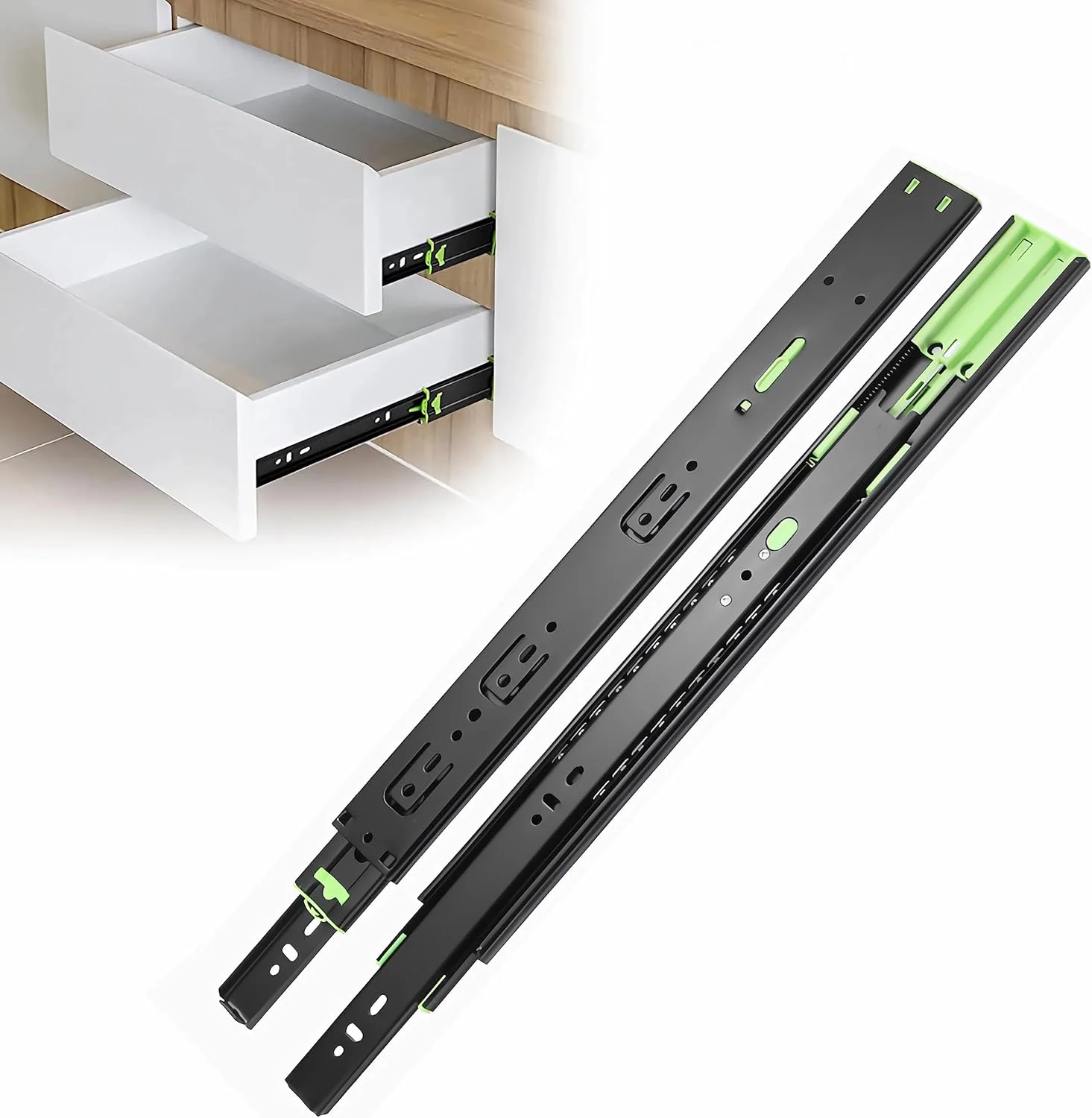 ریل کشو با حرکت کامل QIJOAC، طول 18 اینچ، ظرفیت بار 100 پوند، نصب جانبی، بلبرینگ، فلزی، مناسب برای کشوهای کمد، کابینت پرونده، سطل زباله، لغزنده آشپزخانه، ریل های بی صدا (یک جفت) ریل کشو با حرکت کامل QIJOAC، طول 18 اینچ، ظرفیت بار 100 پوند، نصب جانبی، بلبرینگ، فلزی، مناسب برای کشوهای کمد، کابینت پرونده، سطل زباله، لغزنده آشپزخانه، ریل های بی صدا (یک جفت)