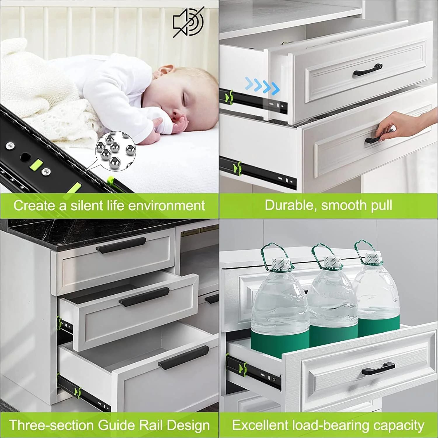 ریل کشو با حرکت کامل QIJOAC، طول 18 اینچ، ظرفیت بار 100 پوند، نصب جانبی، بلبرینگ، فلزی، مناسب برای کشوهای کمد، کابینت پرونده، سطل زباله، لغزنده آشپزخانه، ریل های بی صدا (یک جفت)