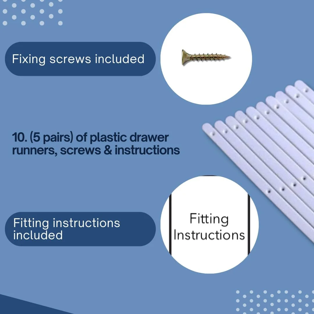۱۰ عدد (۵ جفت) ریل کشو پلاستیکی سفید همراه با پیچ و دستورالعمل برای مبلمان. ریل های پلاستیکی جایگزین کشو، ریل های لغزنده کشو، بسته ریل های کابینت اتاق خواب توسط Kevagh