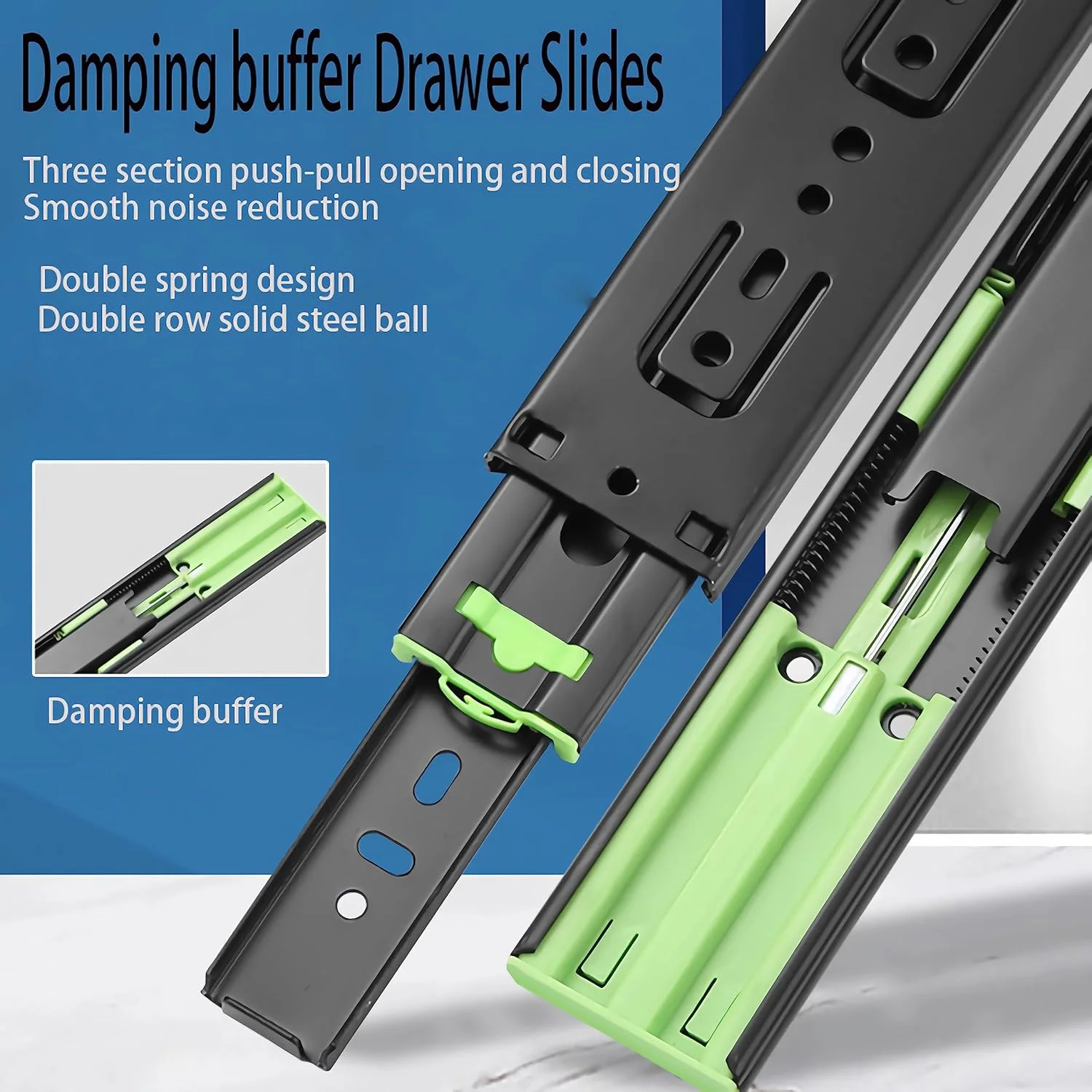 ریل کشو با حرکت کامل QIJOAC، طول 18 اینچ، ظرفیت بار 100 پوند، نصب جانبی، بلبرینگ، فلزی، مناسب برای کشوهای کمد، کابینت پرونده، سطل زباله، لغزنده آشپزخانه، ریل های بی صدا (یک جفت)