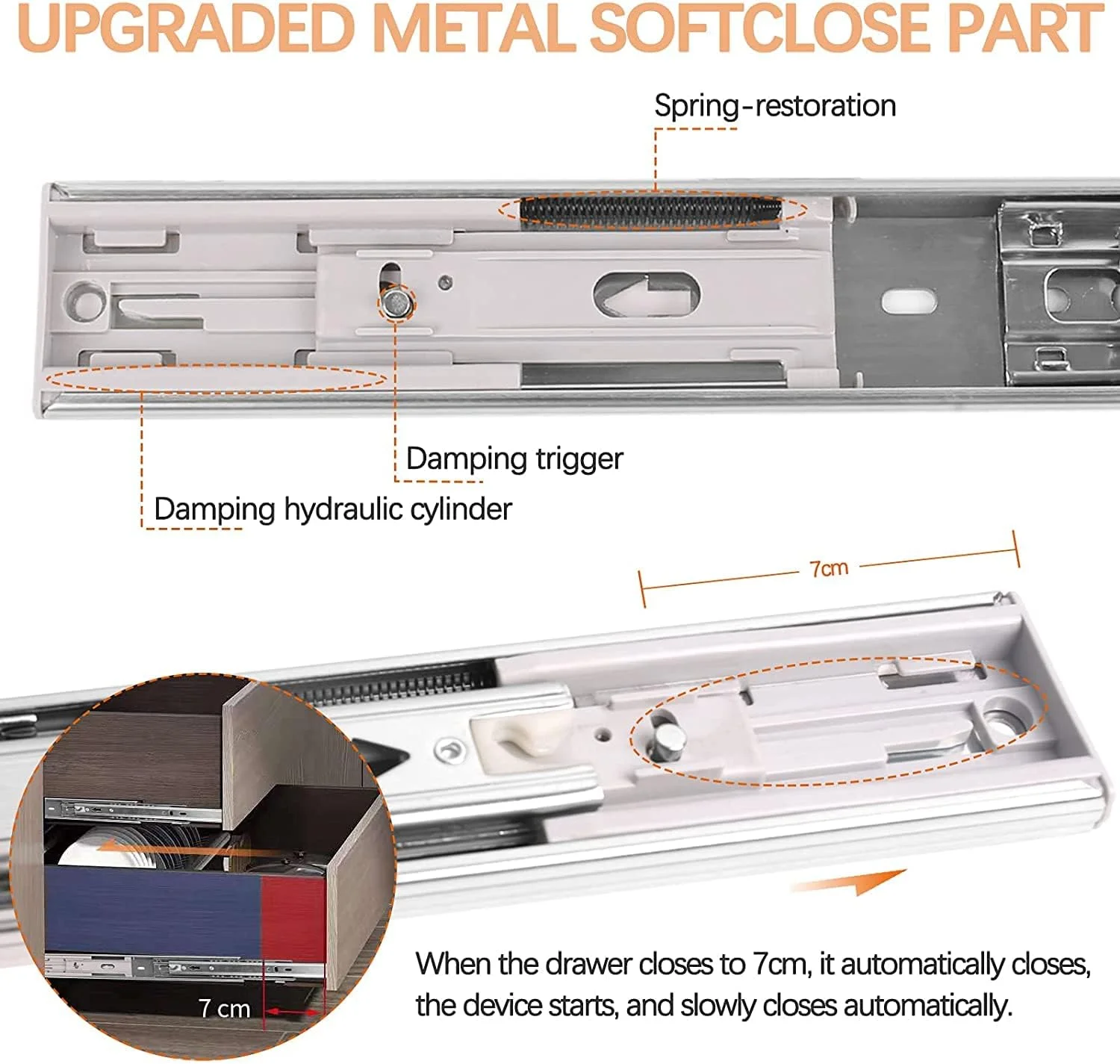 ریل کشو آرام بند Pofozer، ریل کشو 45 سانتی متر، 6 جفت ریل کشو کابینت، ریل کشو بلبرینگ دار با باز شدن کامل 3 قسمتی، صدای کم، تحمل وزن 45 کیلوگرم