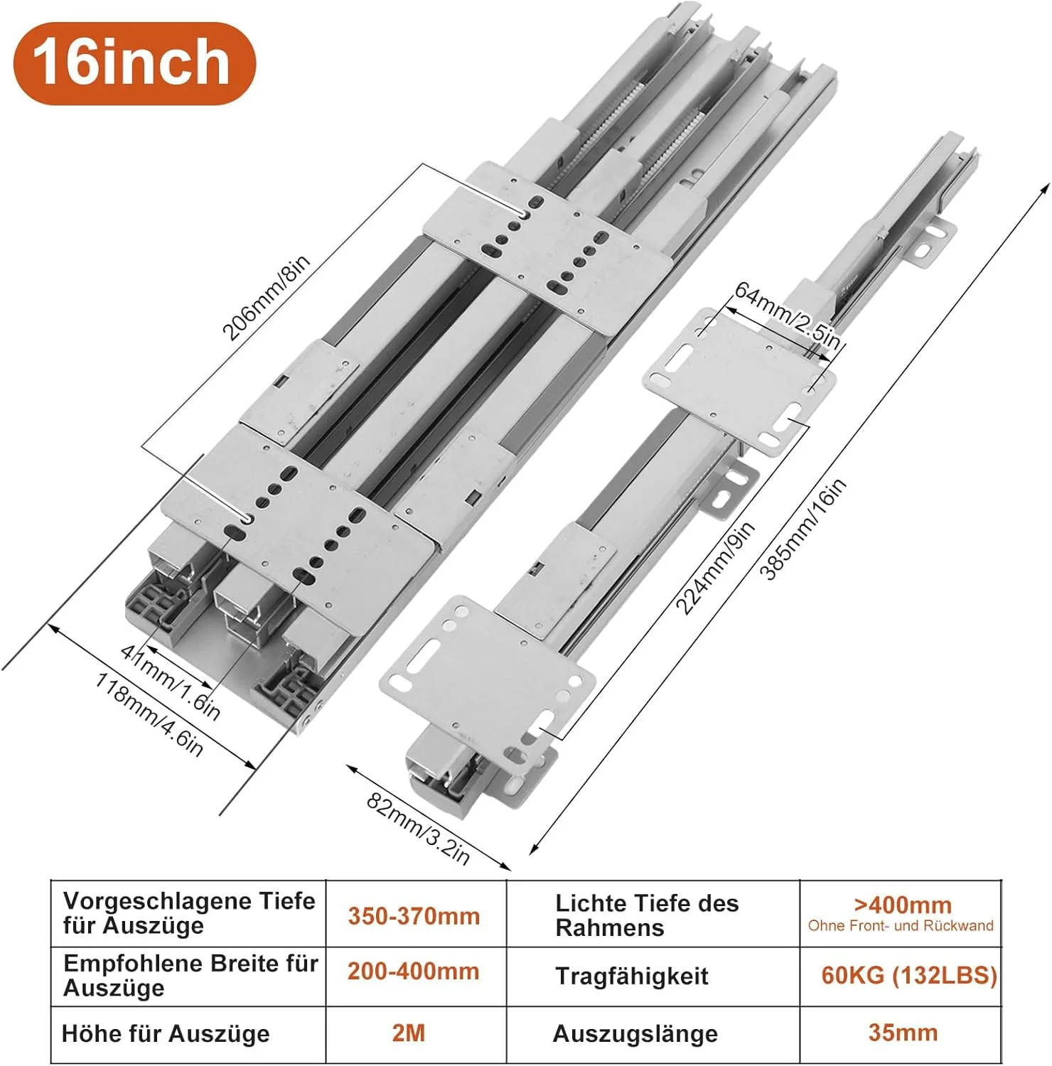 ریل کشو بالا و پایین، ریل های با کارایی بالا برای کابینت های آشپزخانه قابل افزایش، راهنمای کشو میرایی، ریل های اکستنشن مخفی، تحمل بار 60 کیلوگرمی با بسته شدن نرم (375 میلی متر / 16 اینچ)