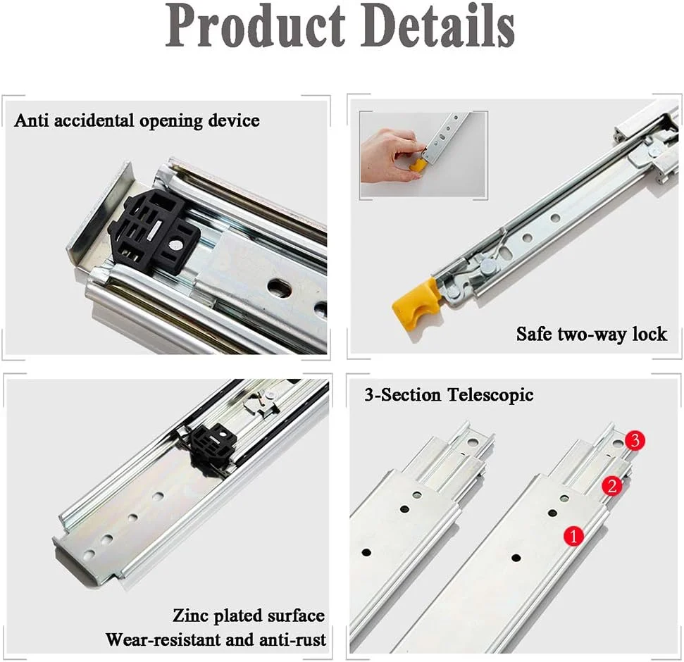 ریل کشویی NOPQRST با مکانیزم قفل شونده، بلبرینگ دار و مقاوم برای خودرو، ظرفیت بار 220 کیلوگرم (1200 میلی متر / 48 اینچ)