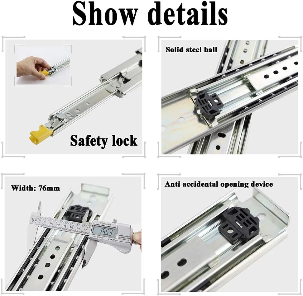 ریل کشو تلسکوپی سه تکه NOPQRST با تحمل وزن بالا، نصب جانبی، بلبرینگ دار، حرکت نرم و بی صدا، سایزهای 35 تا 60 سانتی متر ریل کشو تلسکوپی سه تکه NOPQRST با تحمل وزن بالا، نصب جانبی، بلبرینگ دار، حرکت نرم و بی صدا، سایزهای 35 تا 60 سانتی متر