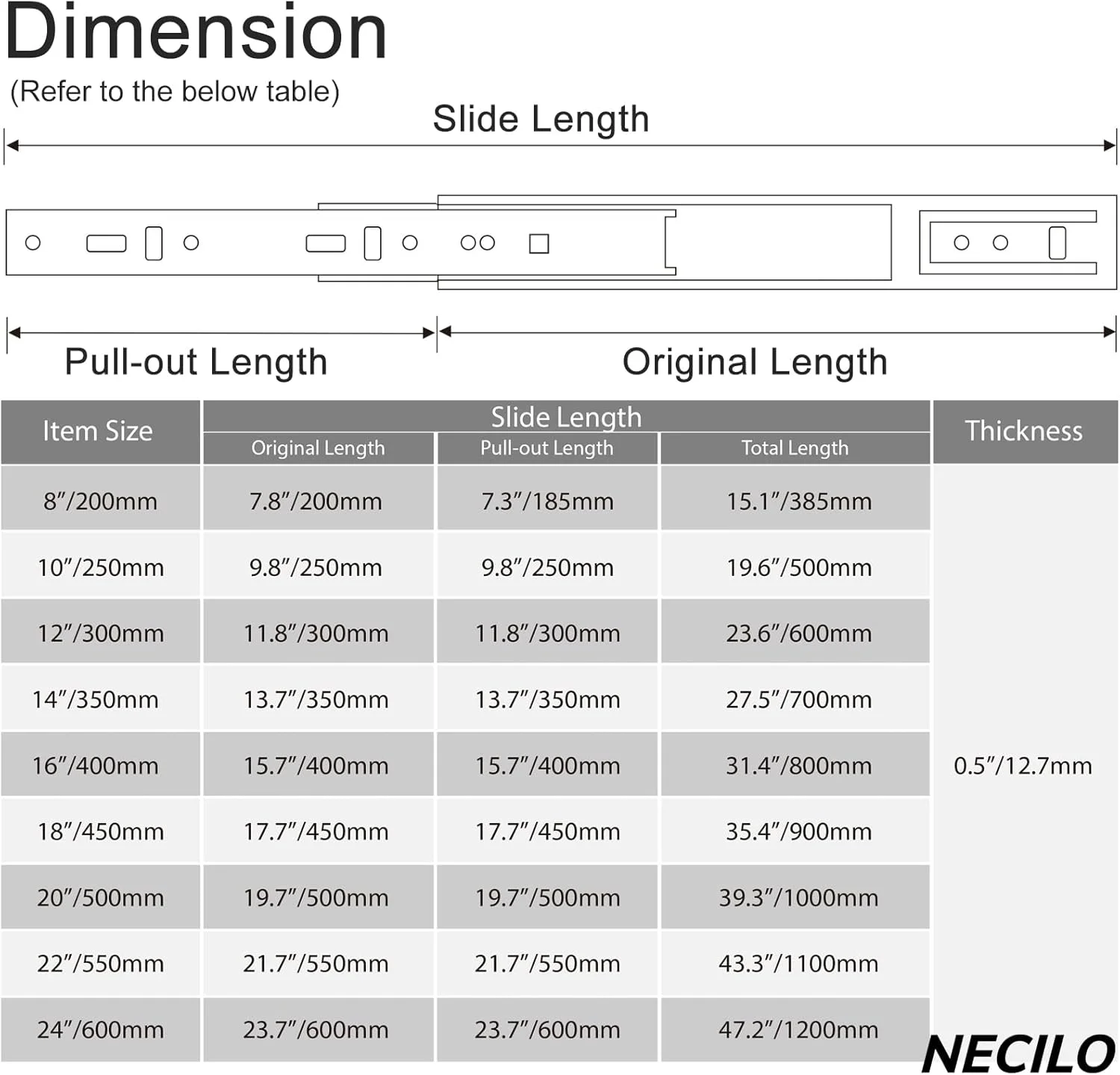 ریل کشو NECILO، باز شدن کامل، 200 میلی متر، نقره ای، ظرفیت بار 45 کیلوگرم، بلبرینگ، سنگین، نصب جانبی، 1 جفت