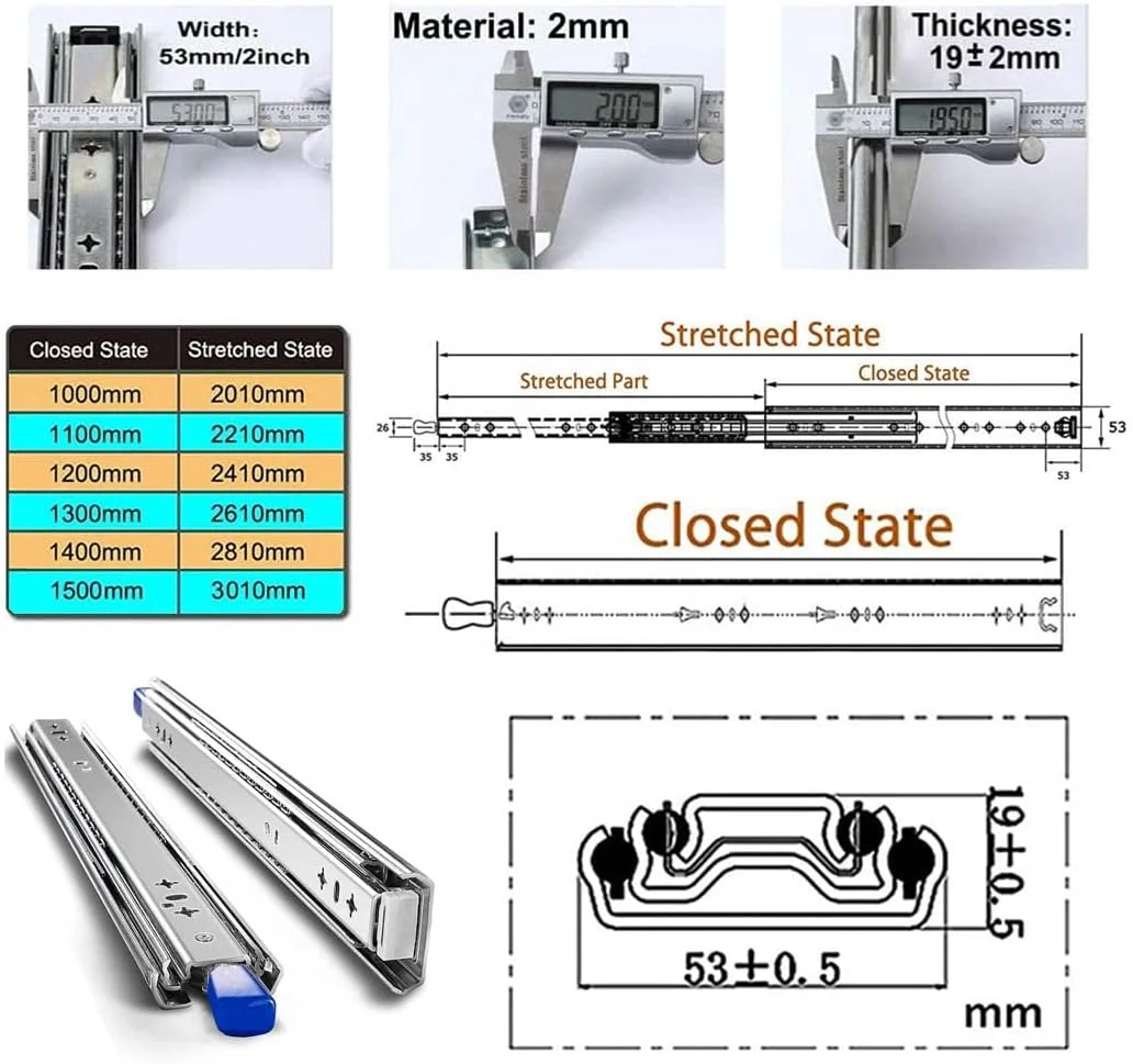 ریل کشویی قفل‌دار، ریل کشو سنگین 100 تا 150 سانتی‌متری، ریل کشویی بلبرینگ سه تایی با باز شدن کامل و قفل، ظرفیت بار 120 کیلوگرم، 1 جفت (135 سانتی‌متر)