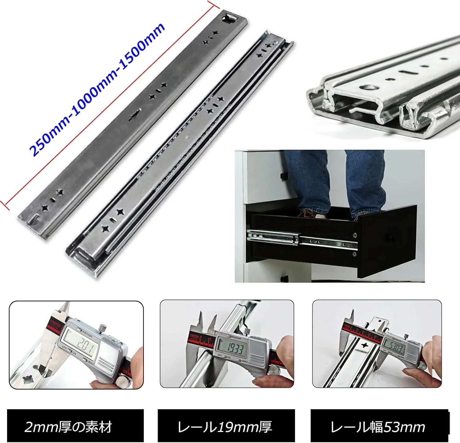 ریل کشویی کابینت آشپزخانه 300 650 1400 میلی متر - ریل های کشویی فولادی سنگین - ریل راهنمای صنعتی - اسلایدهای تلسکوپی برای افزایش طول میز (2 عدد 950 میلی متر)