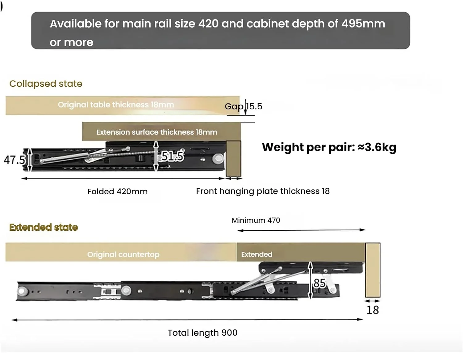 ریل های افزایش فضای کانتر آشپزخانه، اسلایدهای بالابر نرم و بی صدا برای افزایش طول میز، ایده آل برای میزهای غذاخوری و کشوها