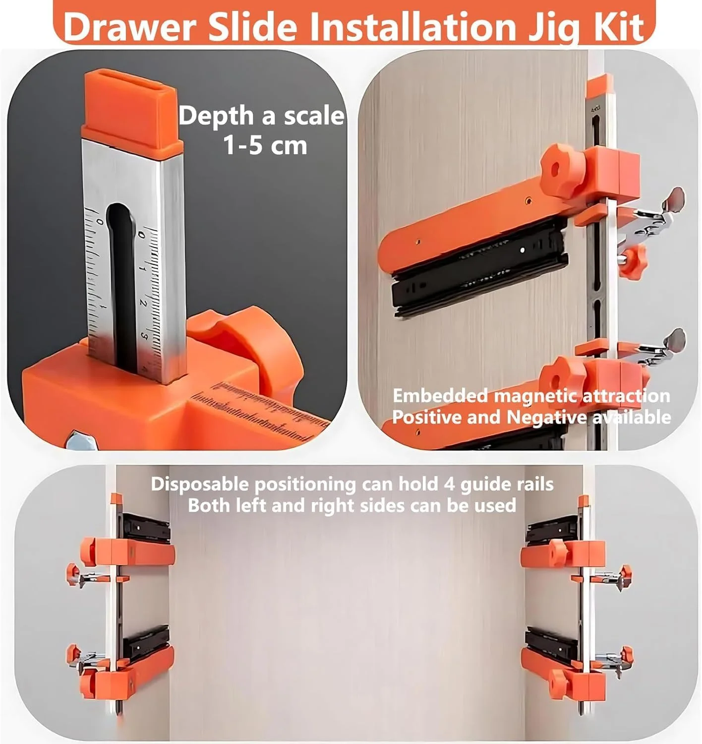 کیت جیگ نصب ریل کشو، جیگ سخت افزار کابینت قابل تنظیم با گیره ضامن دار و بازوی مغناطیسی، ابزار جیگ ریل کشو برای نصب سریع و دقیق کابینت و کشو (2 عدد)