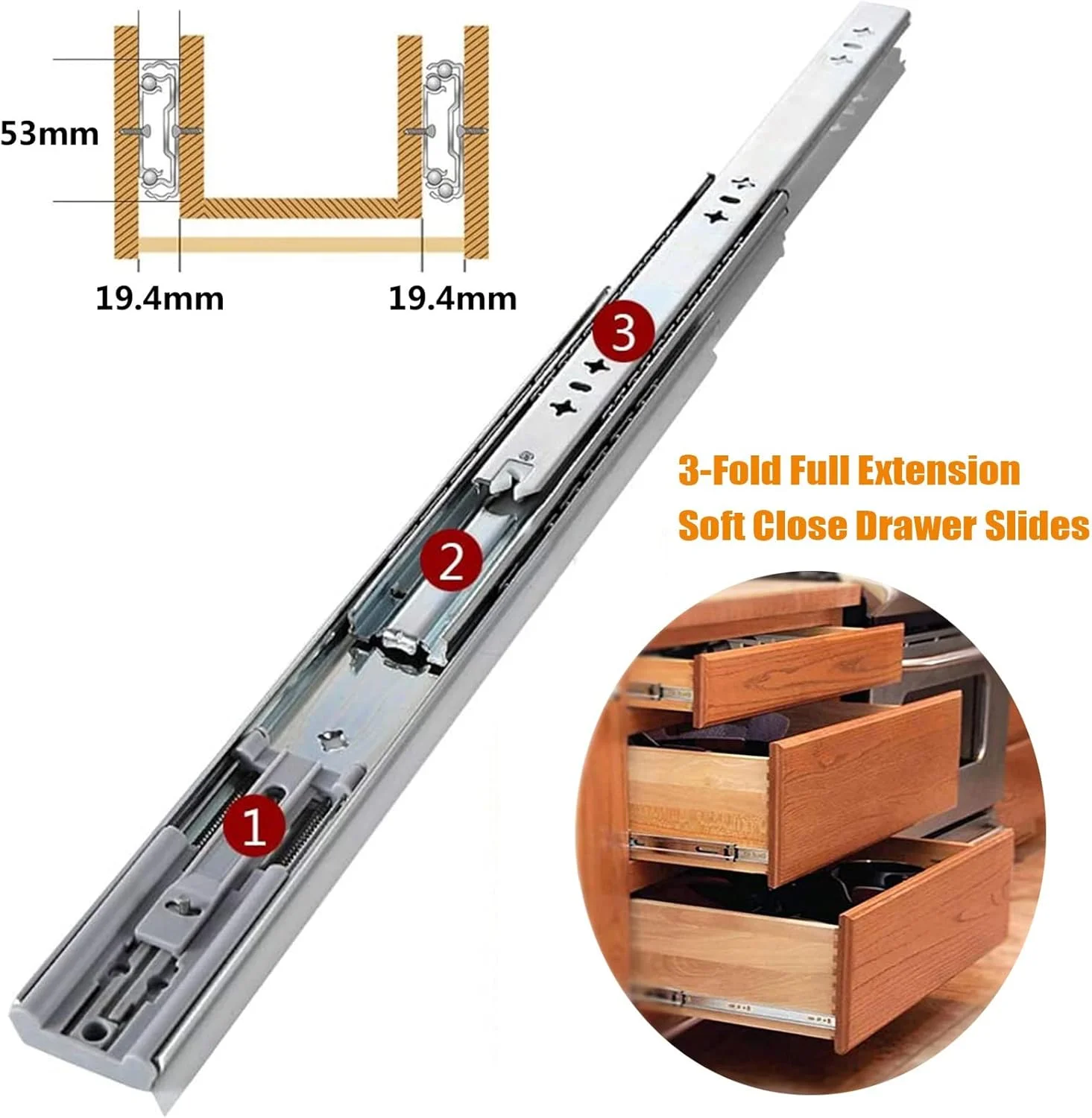 ریل کشو سنگین 12 تا 32 اینچ - ریل کشو بلبرینگ دار با مکانیزم آرام بند و باز شدن کامل - ریل کشو نصب جانبی برای کابینت آشپزخانه، پاتختی، کمد، ریل قفسه کشویی