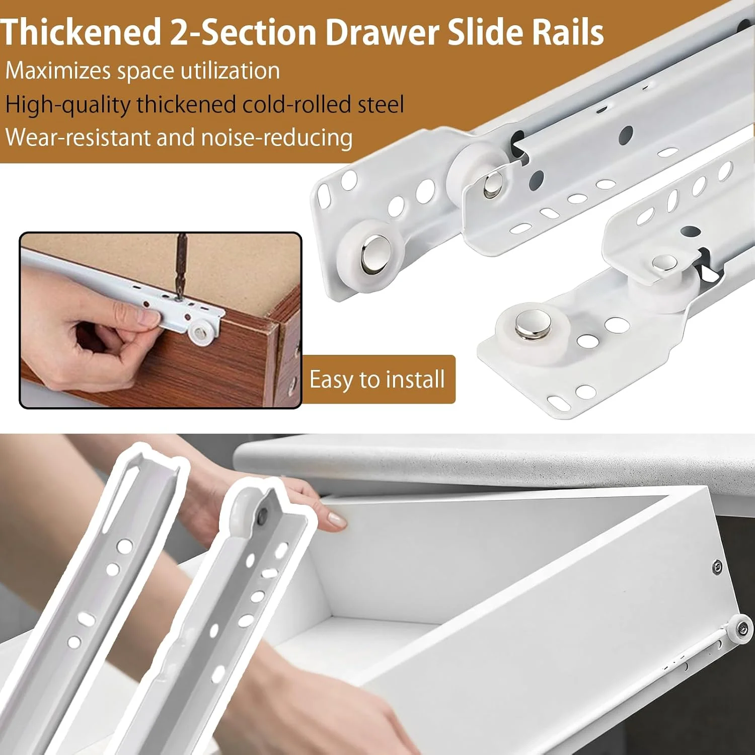 ریل کشو آرام بند 22 اینچی Hodyludy، یک جفت ریل کشویی سنگین برای نصب از کنار/زیر، مناسب برای کابینت، تعویض ریل کشو کمد، سفید