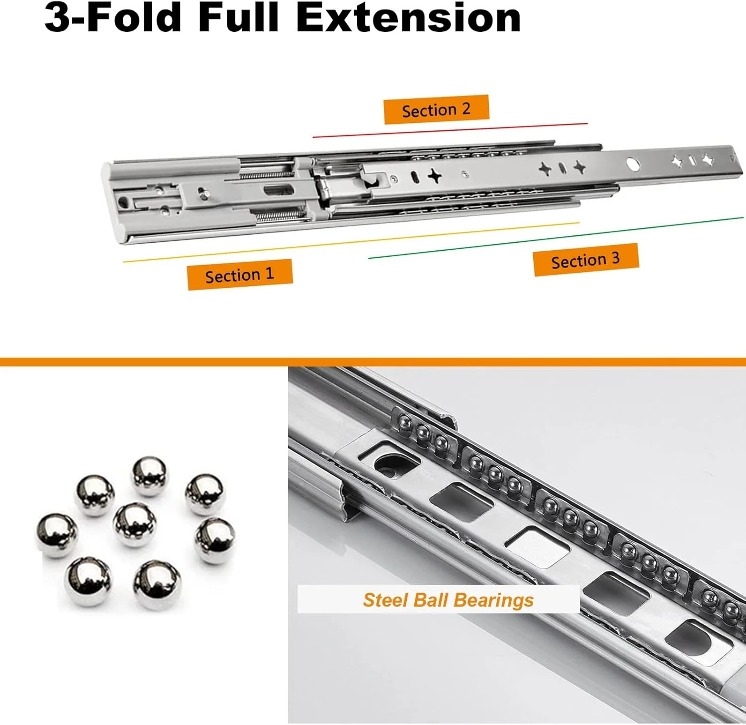 ریل کشویی سنگین نرم بسته شو 300 550 800 میلی متر - 3 بخش تلسکوپی - نصب جانبی - ریل راهنمای کشو کابینت بلبرینگ - کیت تعمیر کشو (2 عدد 12 اینچ (300 میلی متر))