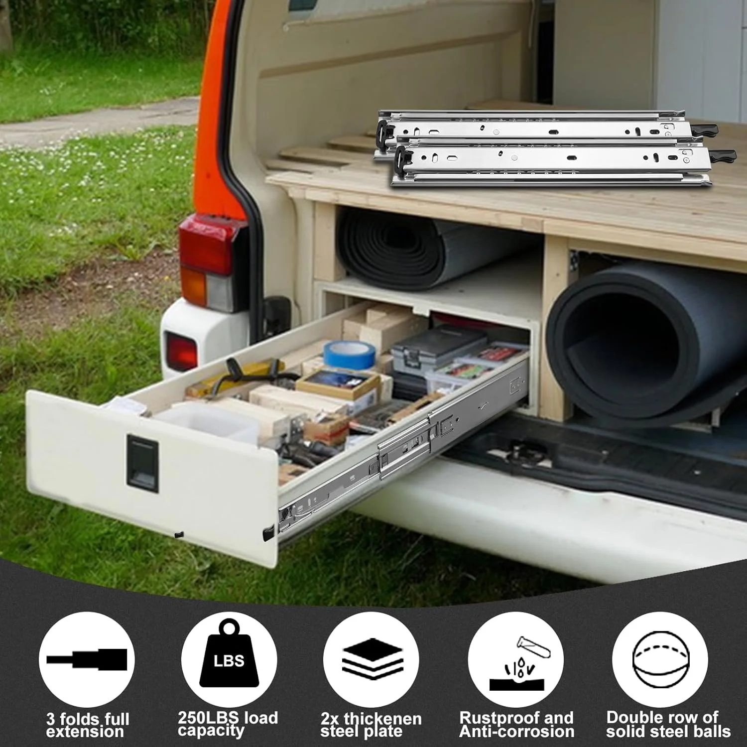 ریل کشو قفل دار سنگین HLC، طول 70 سانتیمتر (یک جفت)، ریل کشو با باز شدن کامل و قفل، ظرفیت بار 113 کیلوگرم، سه تکه با باز شدن کامل، نصب جانبی، بلبرینگ دار صنعتی، 70 سانتیمتر، نقره ای
