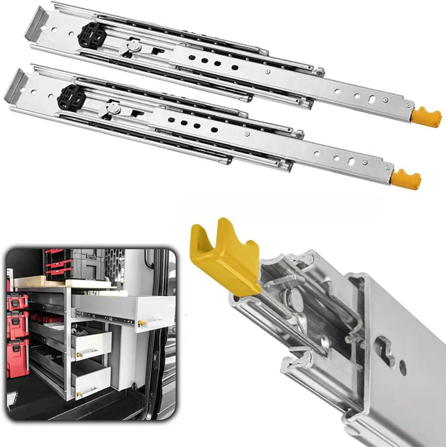 ریل کشو سنگین صنعتی، ریل کشو سه تایی با باز شدن کامل، ریل کشو نصب جانبی با بلبرینگ قفل دار، سایزهای 40 44 48 50 52 56 58 60 64 68 72 76 80 اینچ (76 اینچ (190 سانتی متر))