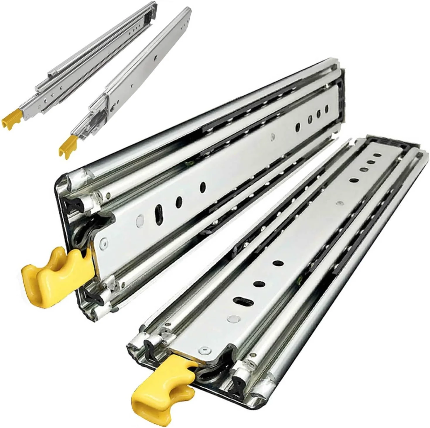 ریل کشویی بی صدا و سنگین، سخت افزار 3 قسمتی با ظرفیت 200 کیلوگرم، ریل کشویی بلبرینگ با باز شدن کامل و قفل شونده، نصب جانبی، 1 جفت (2000 میلی متر (80 اینچ))