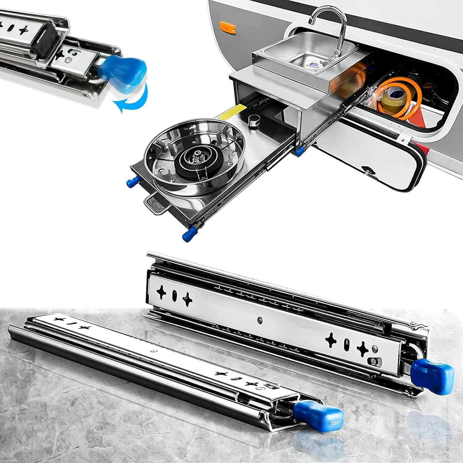 یک جفت ریل کشو سنگین با قفل، ریل های کشو با بلبرینگ نصب شده در کنار، 3 تاشو، ظرفیت 120 کیلوگرم (150 سانتی متر)