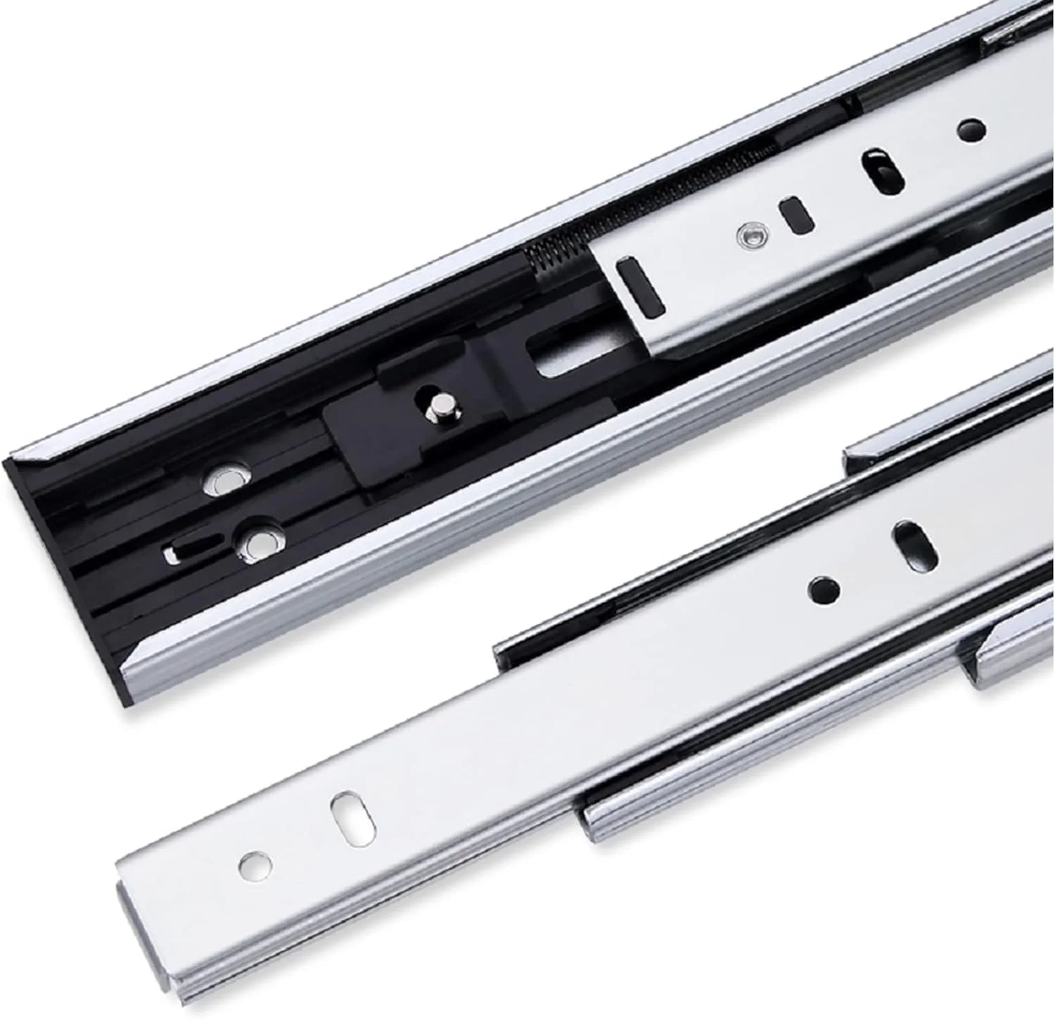 ریل کشو بلبرینگی فول اکستنشن هفله، 300 میلی متر، با ریل خودبست شو یکپارچه، ضربه گیر، آرام بند، ریل تلسکوپی برای کشوها، ریل های خروجی، فولاد (1 جفت)