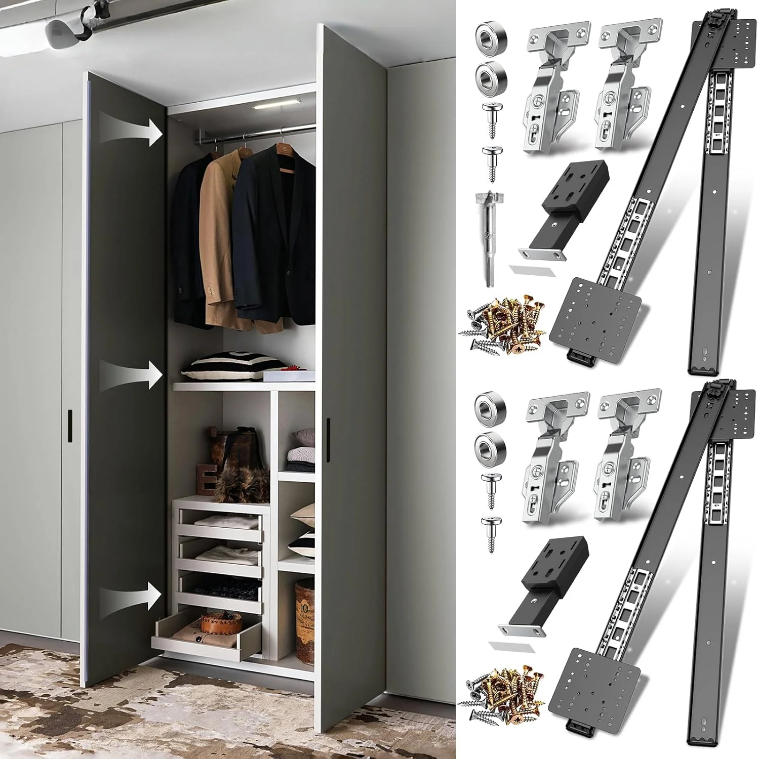 کیت درب کشویی پاکتی، سخت افزار درب کشویی محوری با قفل مغناطیسی فشاری برای درب های کابینت و درب های داخلی، طراحی بادوام و بی صدا برای مبلمان آشپزخانه و حمام (22 اینچ، 4 عدد)