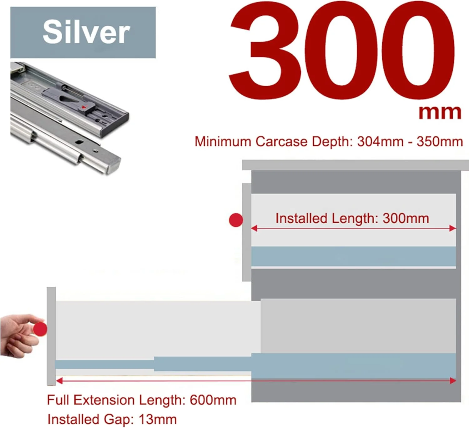 ریل کشو بلبرینگی فول اکستنشن هفله، 300 میلی متر، با ریل خودبست شو یکپارچه، ضربه گیر، آرام بند، ریل تلسکوپی برای کشوها، ریل های خروجی، فولاد (1 جفت)