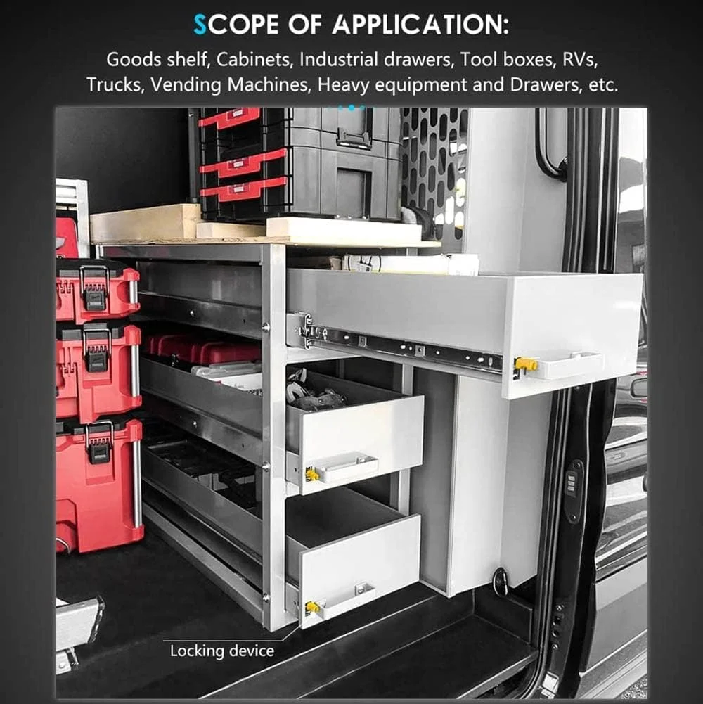 ریل کشویی بی صدا و سنگین، سخت افزار 3 قسمتی با ظرفیت 200 کیلوگرم، ریل کشویی بلبرینگ با باز شدن کامل و قفل شونده، نصب جانبی، 1 جفت (2000 میلی متر (80 اینچ))