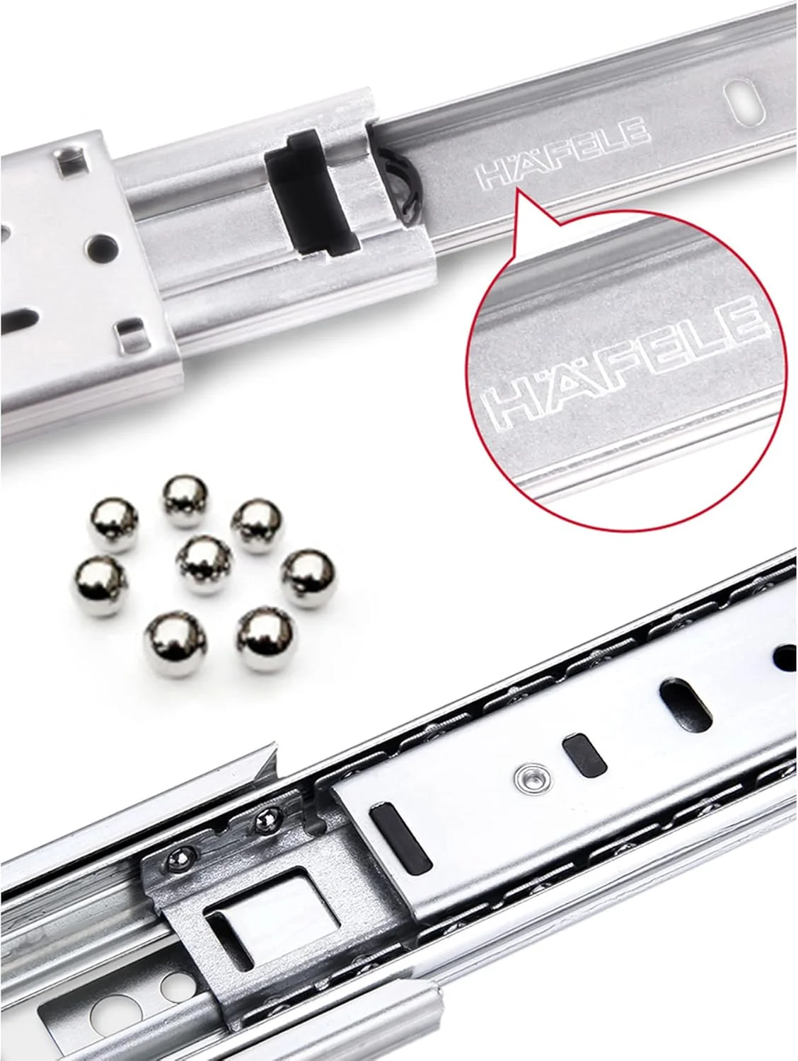 ریل کشو بلبرینگی فول اکستنشن هفله، 300 میلی متر، با ریل خودبست شو یکپارچه، ضربه گیر، آرام بند، ریل تلسکوپی برای کشوها، ریل های خروجی، فولاد (1 جفت)