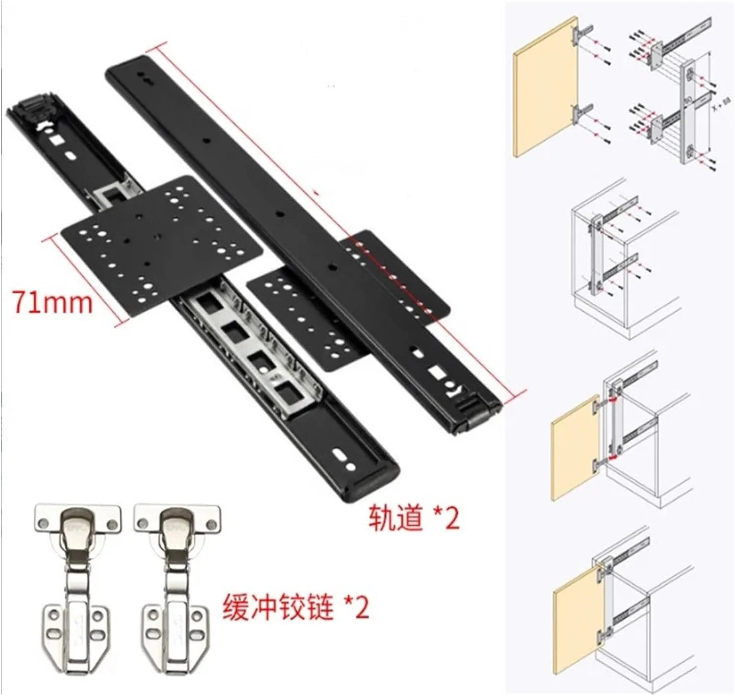 لوازم جانبی مبلمان ریل کشویی درب تاشو با مکانیزم آرام بند، ساچمه ای فولادی، مخفی، فولاد نورد سرد (سیاه 50 سانتی متری)